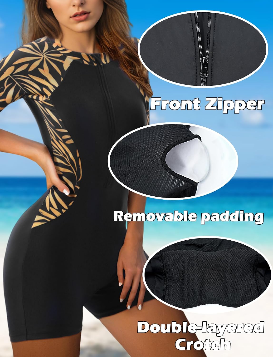 SEAUE Women's Short Sleeve Rash Guard One Piece Bathing Suit with Skirt Zip Front Swimwear UPF 50+