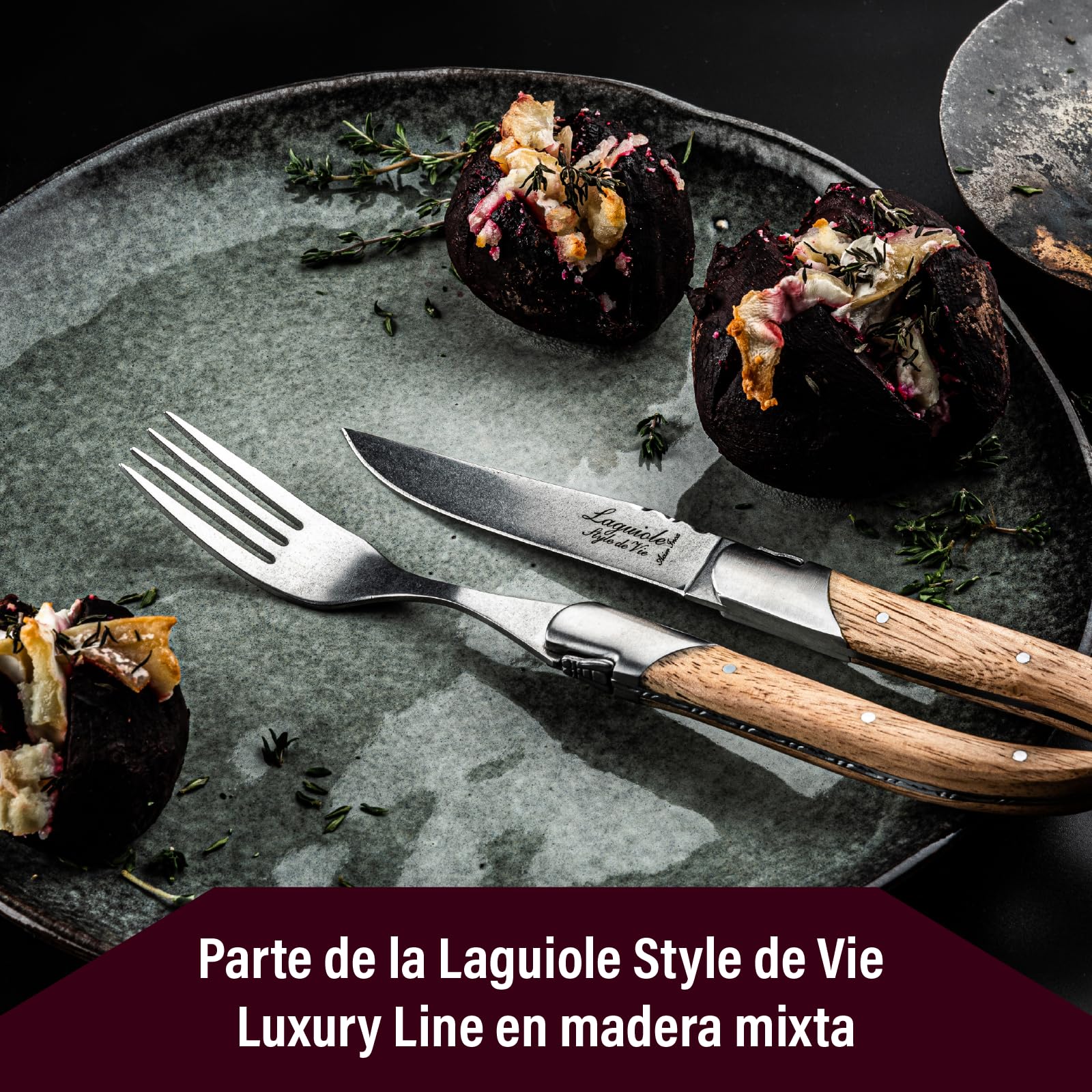 Laguiole Style de Vie - Cuchillos para carne - Línea Luxury - 6 unidades - Mango de madera mixta