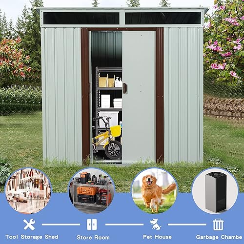 Miniatura 2 de Cobertizo de almacenamiento de metal para exteriores de 6 x 5 pies con puerta con cerradura, cobertizo impermeable para bicicleta, cobertizo de