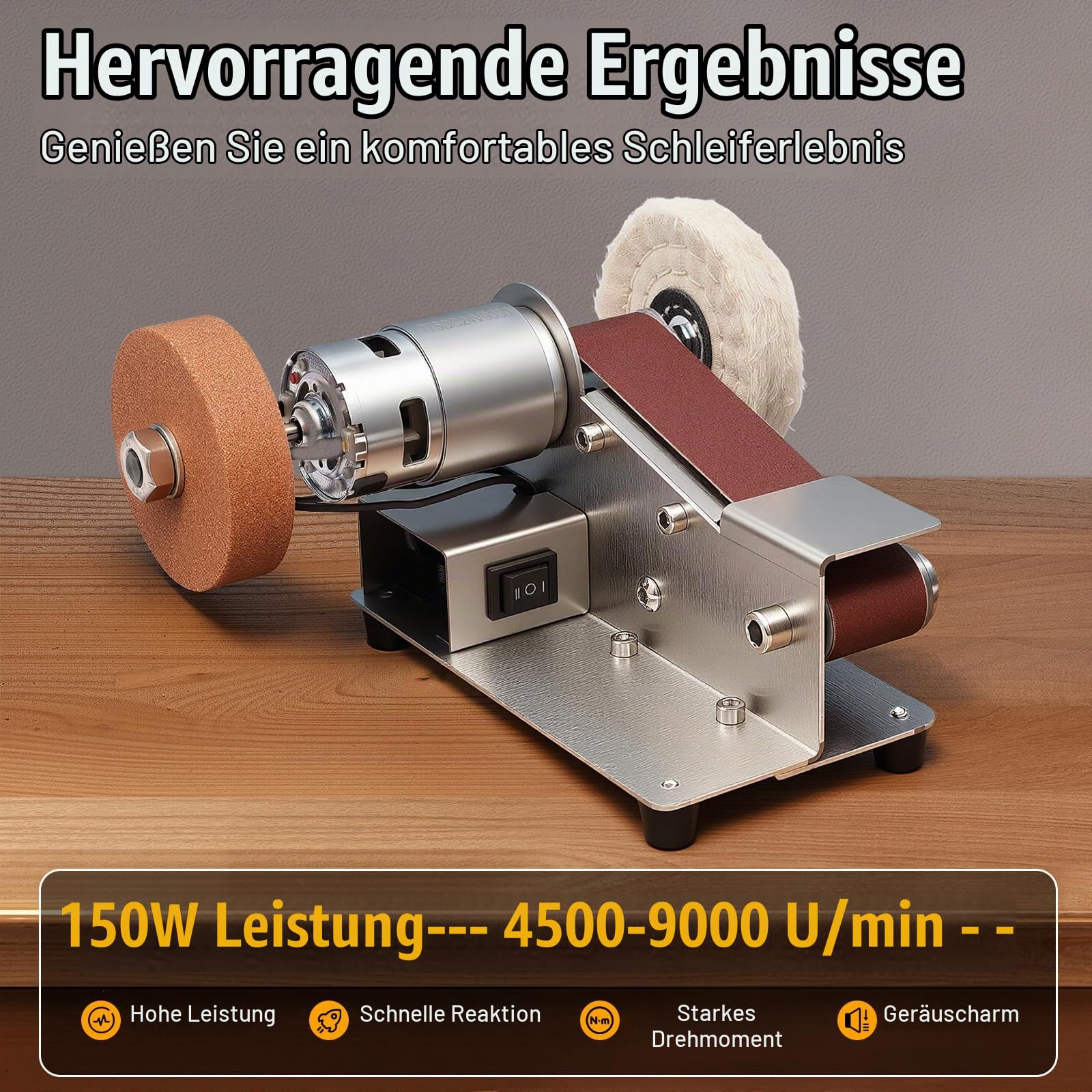 Mini Bandschleifer, 150W 7-Gang Elektrischer Schleifmaschine Messer, 9000U/min Edelstahl Tisch Bandschleifer Messerscharfer mit 20 Bändern und Staubschutz, 1-45° Tisch 775 Motor fur Metall Bernstein