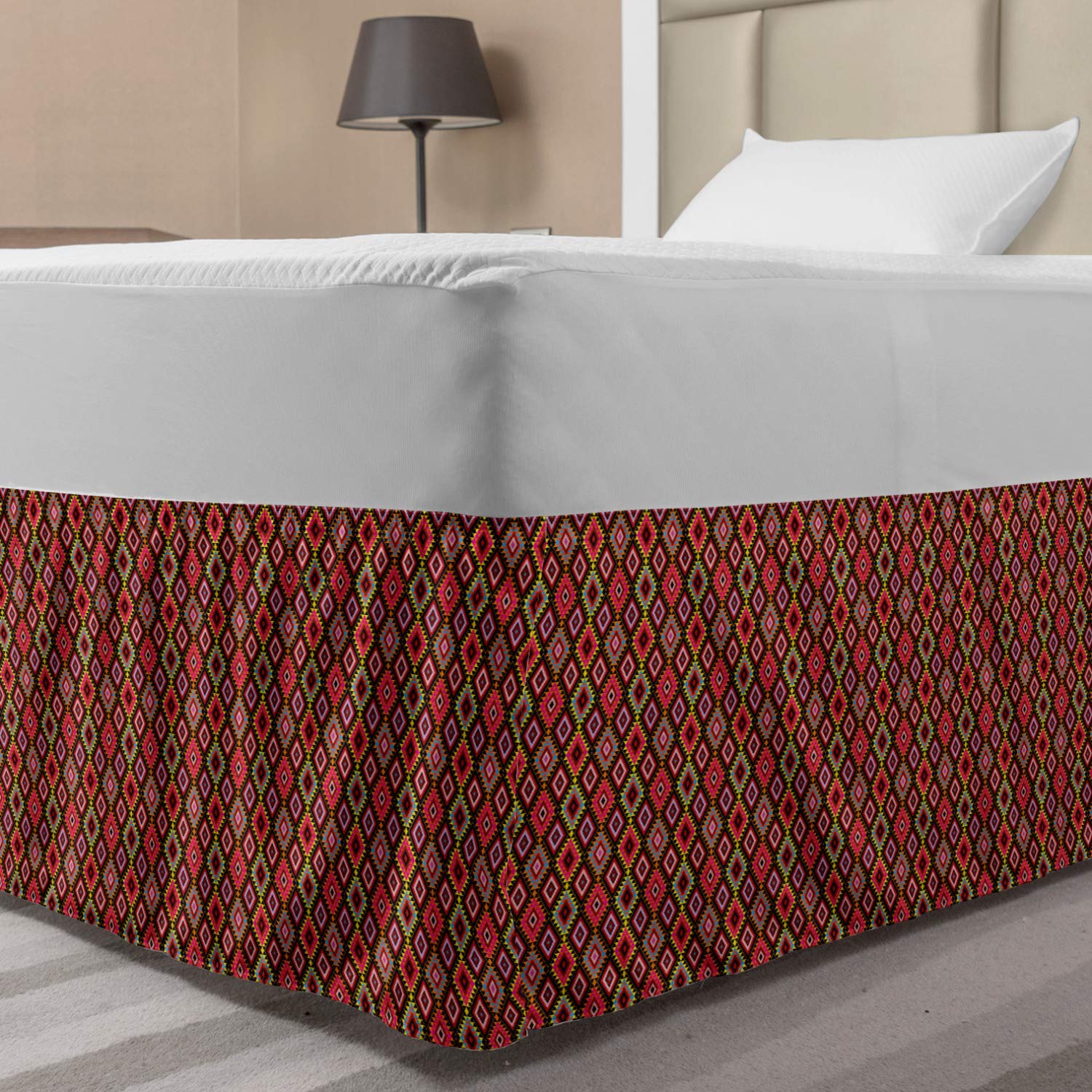 Lunarable Aztec Elastic Bed Skirt Latin American Pattern with Triangles Forming Diamond Shapes Retro Design Print Wrap Around