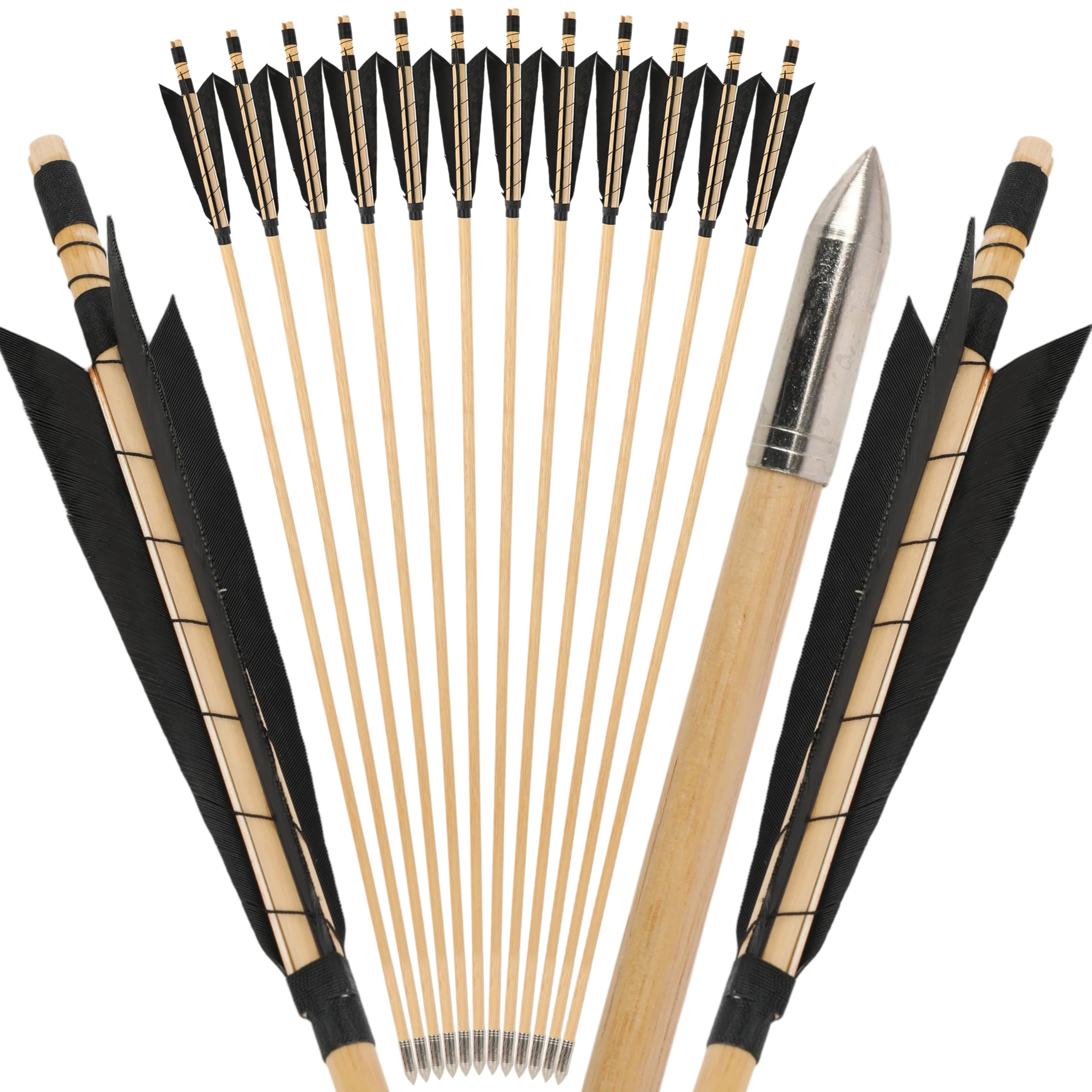 limaity 32" Archery Wooden Arrows Traditional Hunting Arrows with 5" Natural Feather Wooden Arrows for Recurve Bow Longbow (6PCS,3 Black — image 1