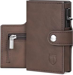 Mens Wallets RFID Blocking Leather Wallet Automatic Pop Up Card Holder with Banknote Compartments, Coin Pocket, ID Window, Bifold & Minimalist Wallets for Men UK with Gift Box - Brown