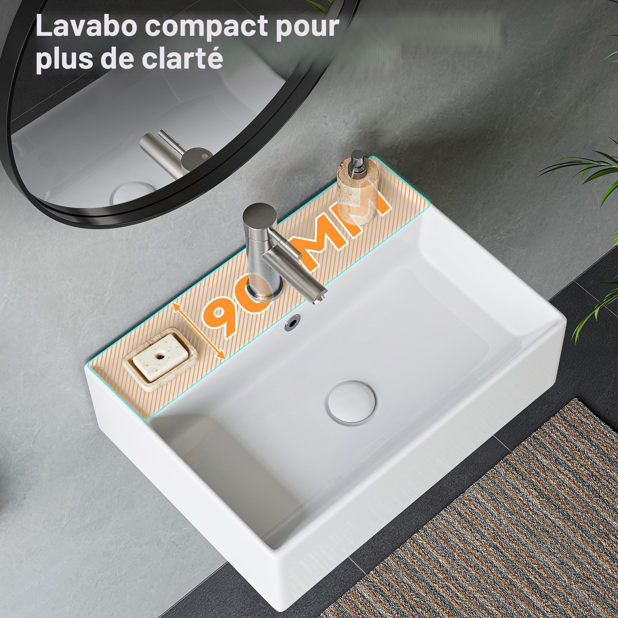 HOROW Petit lavabo blanc - Lavabo mural carré - Pour toilettes d'invités - Lavabo suspendu ou à poser - Avec trou de robinet - 45 x 31 cm - Sans robinet