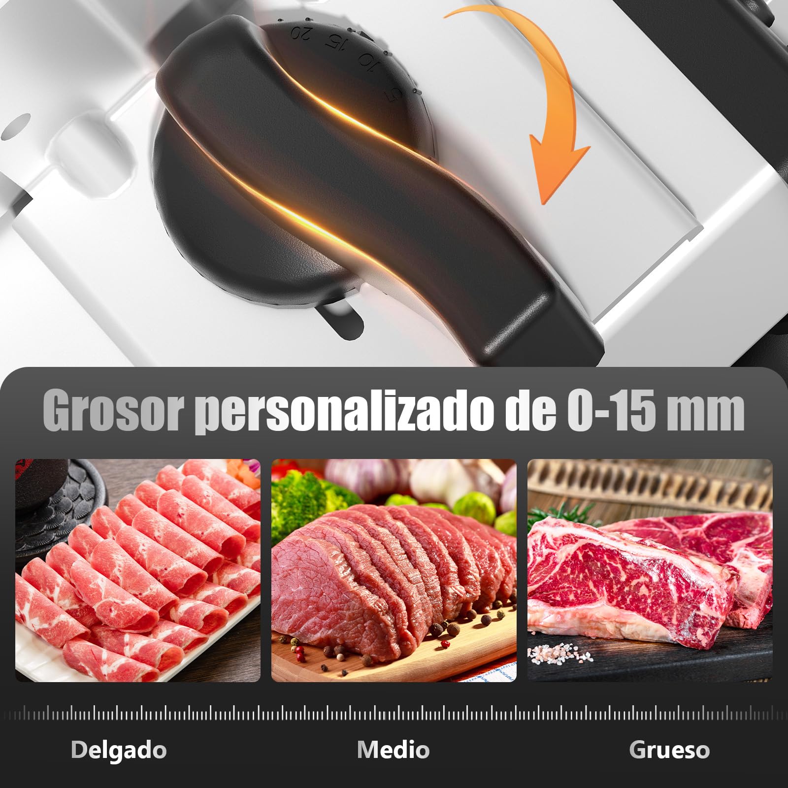YASHE Cortadora De Fiambre Con Motor DC Silencioso, Cortafiambres Eléctrico Para Jamón 200W, Cuchillas De Acero Inoxidable Duales De 19CM, Grosor Ajustable De 0-15mm Para Carne, Queso, Pan Y Verduras