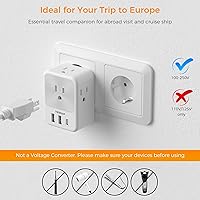 Vista 6 de TESSAN Europe - Adaptador de enchufe de viaje europeo, 2 unidades, adaptador de corriente internacional con 4 tomas de corriente, 3 puertos de carga
