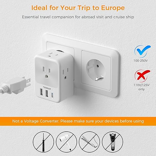 Miniatura 6 de TESSAN Europe - Adaptador de enchufe de viaje europeo, 2 unidades, adaptador de corriente internacional con 4 tomas de corriente, 3 puertos de carga