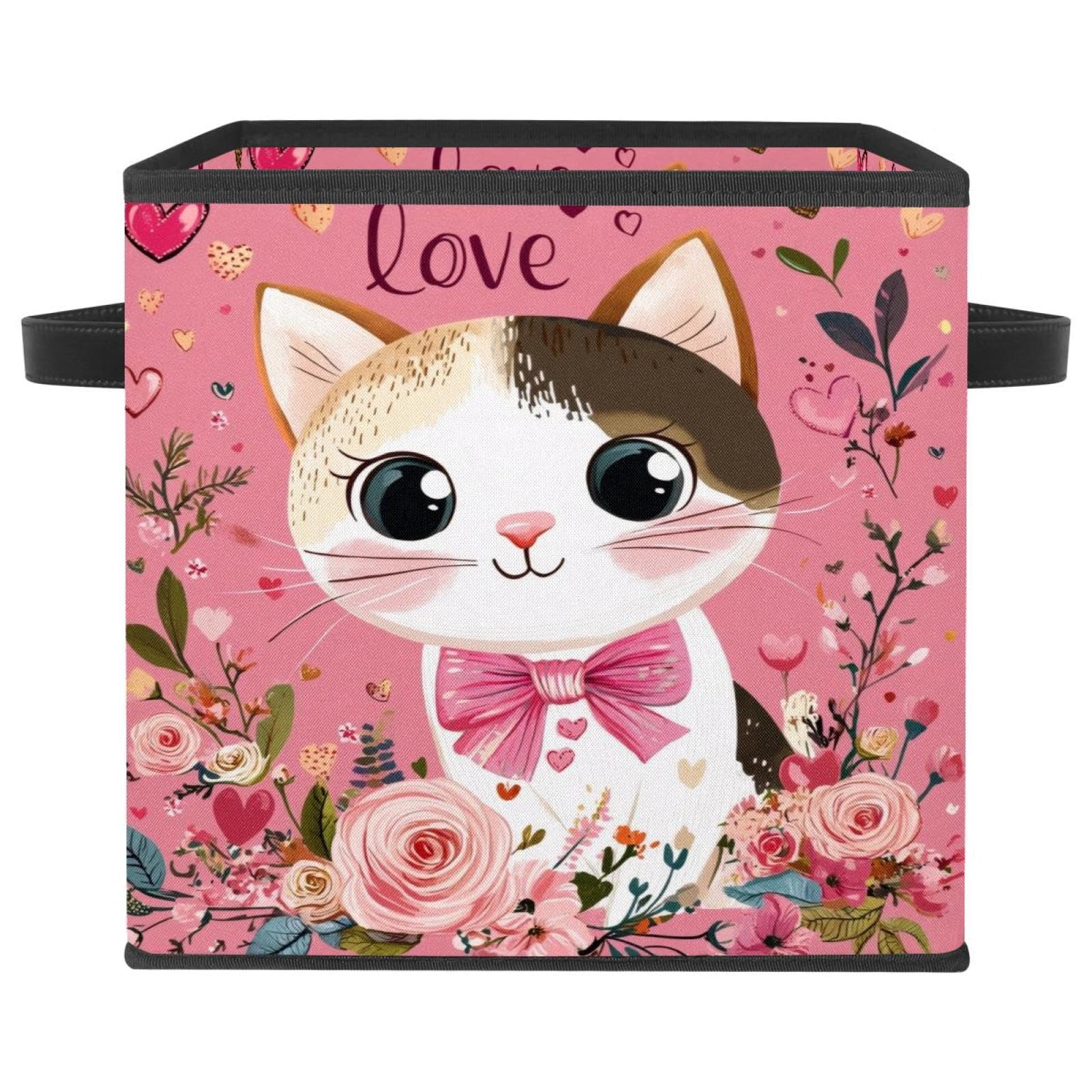 Boîte de rangement chat pour la chambre d'enfant grand cube en tissu rose de 28 cm