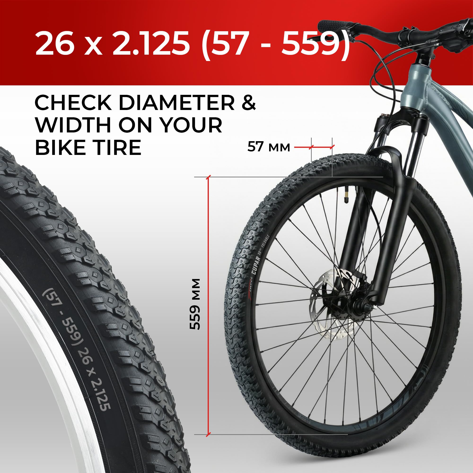 Fincci Paire de Pneus VTT 26 x 2.10 Pouces 57-559 ETRTO Modèle Pliable - Haute Adhérence Tout-Terrain - Kit avec 2 Chambres à Air Valve Schrader/Presta - Idéal Vélo de Montagne, VTC et VAE Electrique