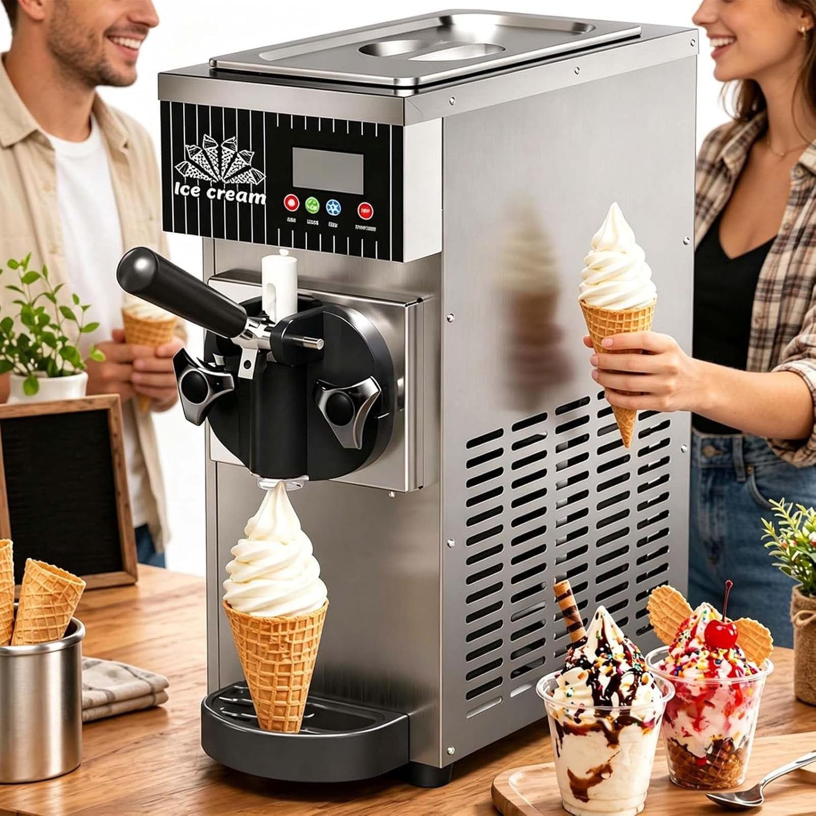 PioMue 4–5 Kg/H Single Flavor Commercial Soft Ice Cream Machine, 450W Soft Serve Ice Cream Maker, Auto Clean, for Home Snack Bar,Cafés and Milk Tea Shops StainlessSteel