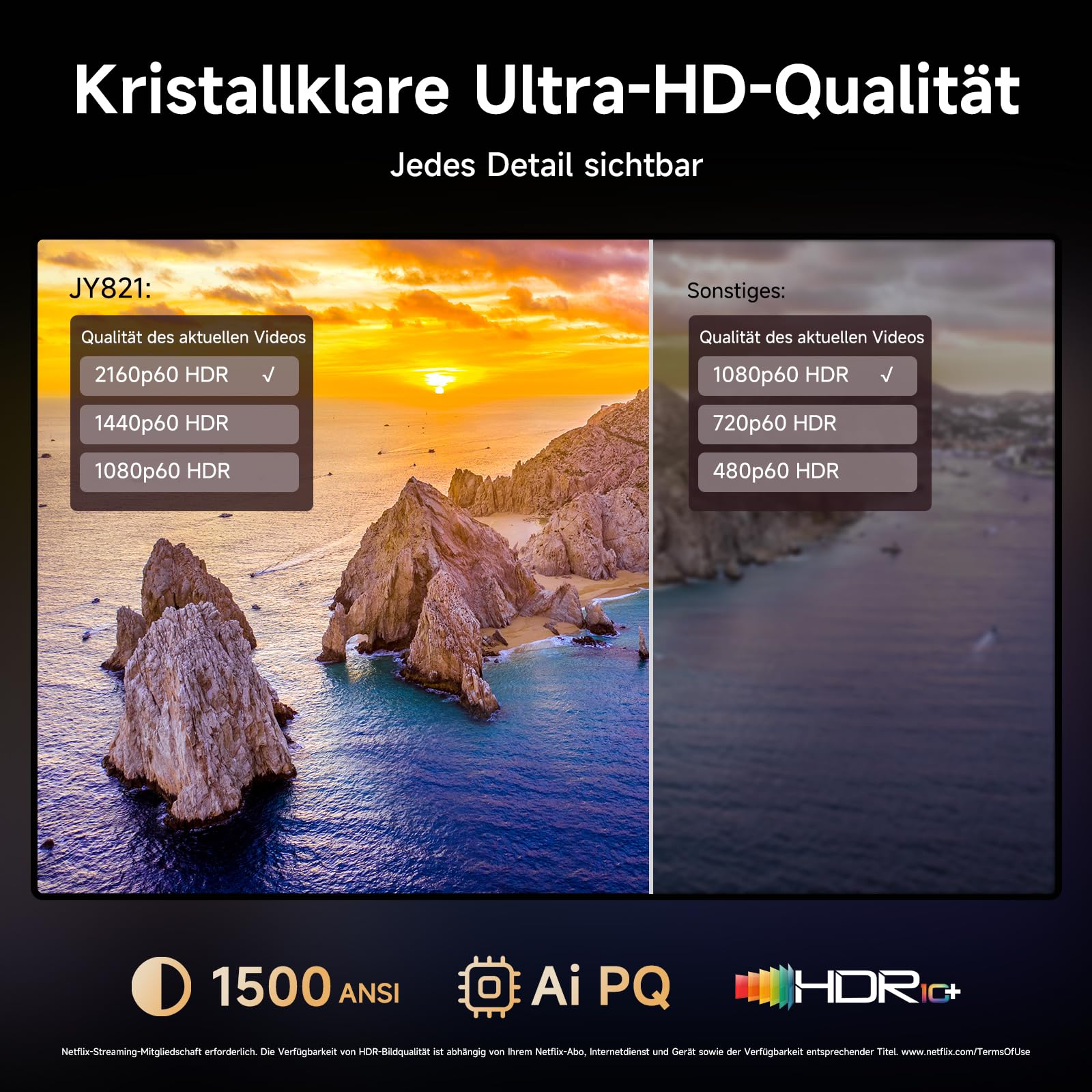 4K Smart Beamer mit Netflix & Dolby Audio, 1500 ANSI, Autofokus – iSinbox | Heimkino Projektor mit HDR10+, Staubgeschützt, 6D Keystone, WiFi 6 & Bluetooth | Für Wohnzimmer, Garten & Camping