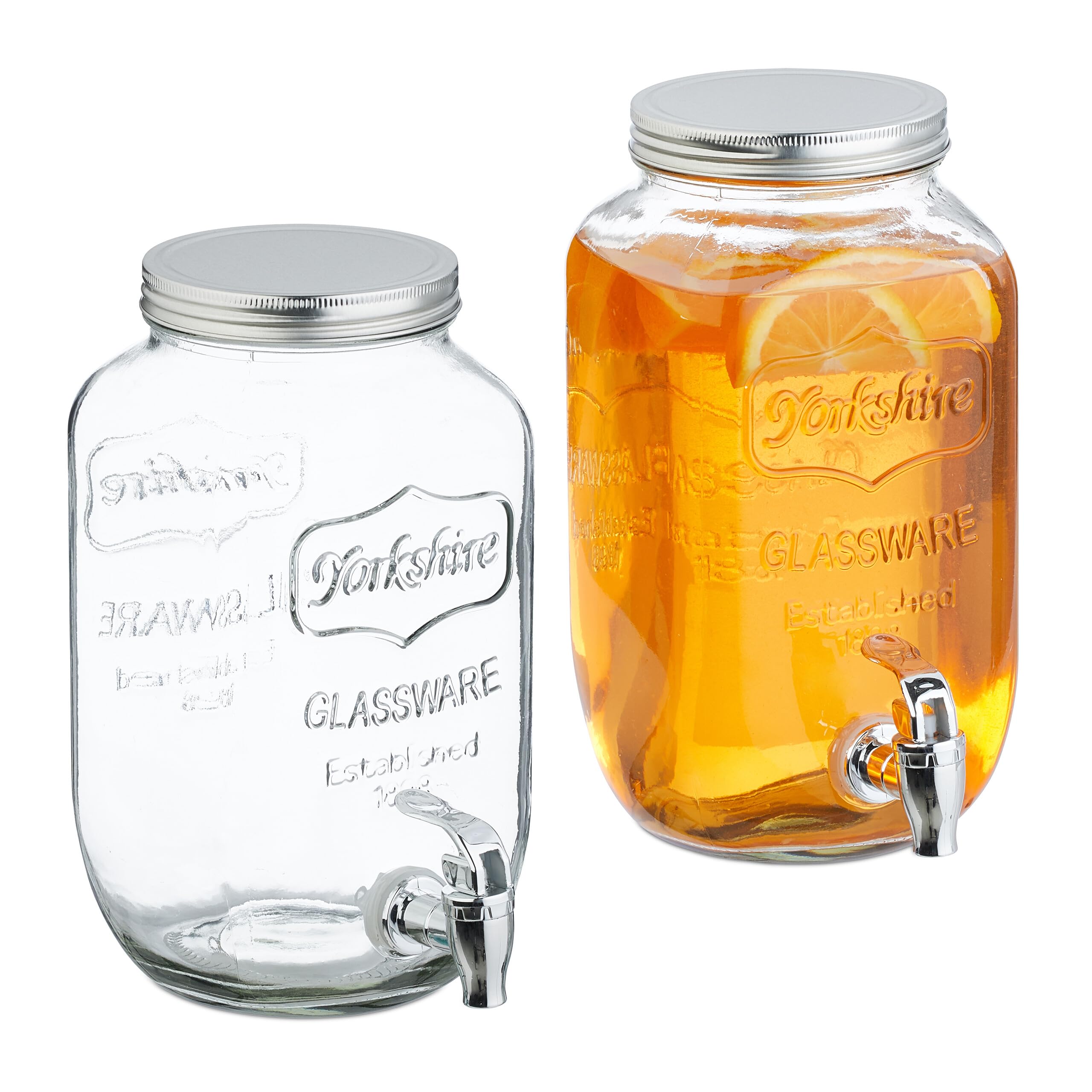 Relaxdays 2 Dispenser w Szkle na Napoje, Kranik Plastikowy, 3,5 L, Dystrybutor Wody i Napojów