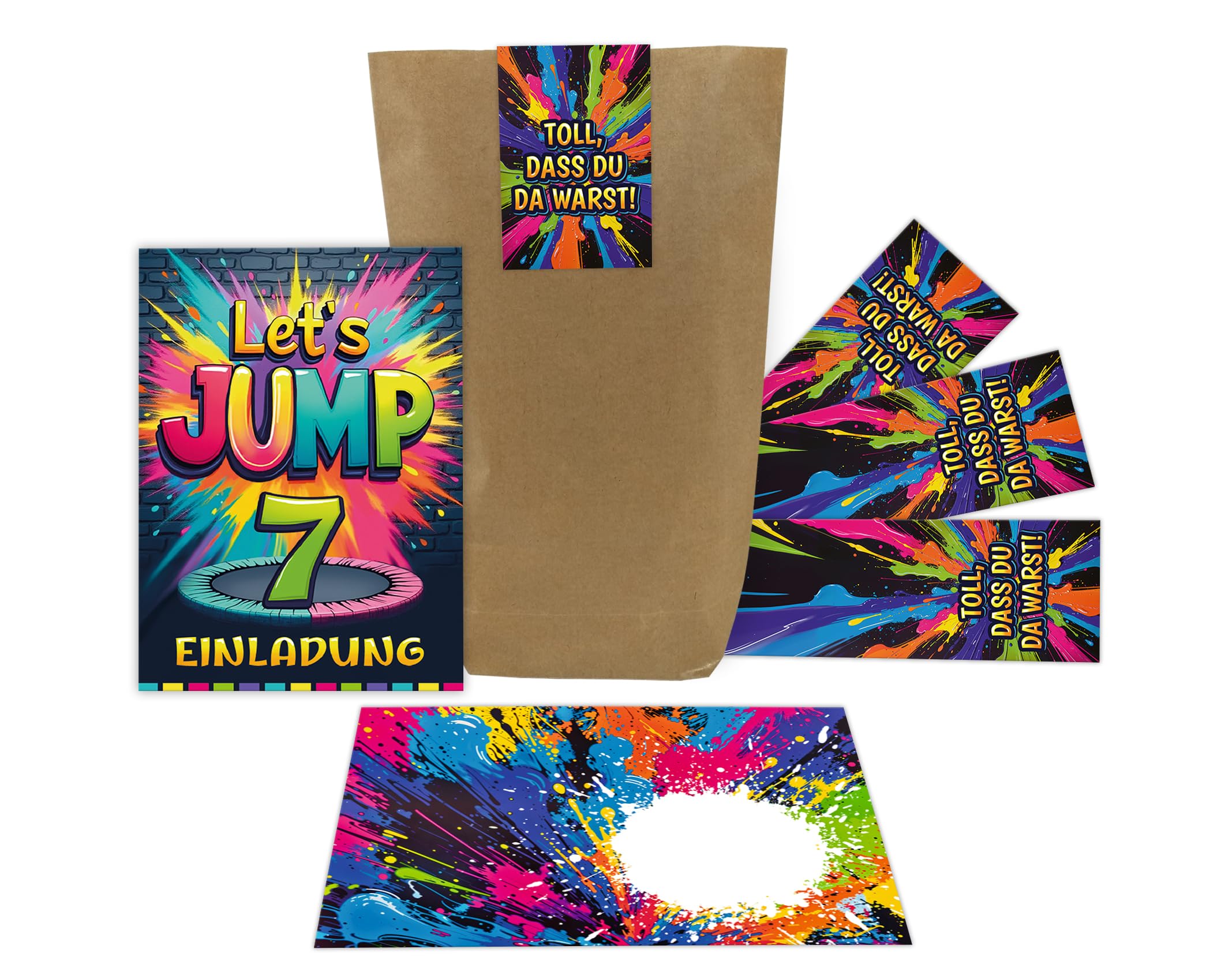 12 Einladungskarten zum 7. Kindergeburtstag Jump Party Jungen Mädchen Kinder coole bunte Einladungen siebte Geburtstag Geburtstagseinladungen Kids inkl. 12 Umschläge, 12 Tüten, 12 Aufkleber