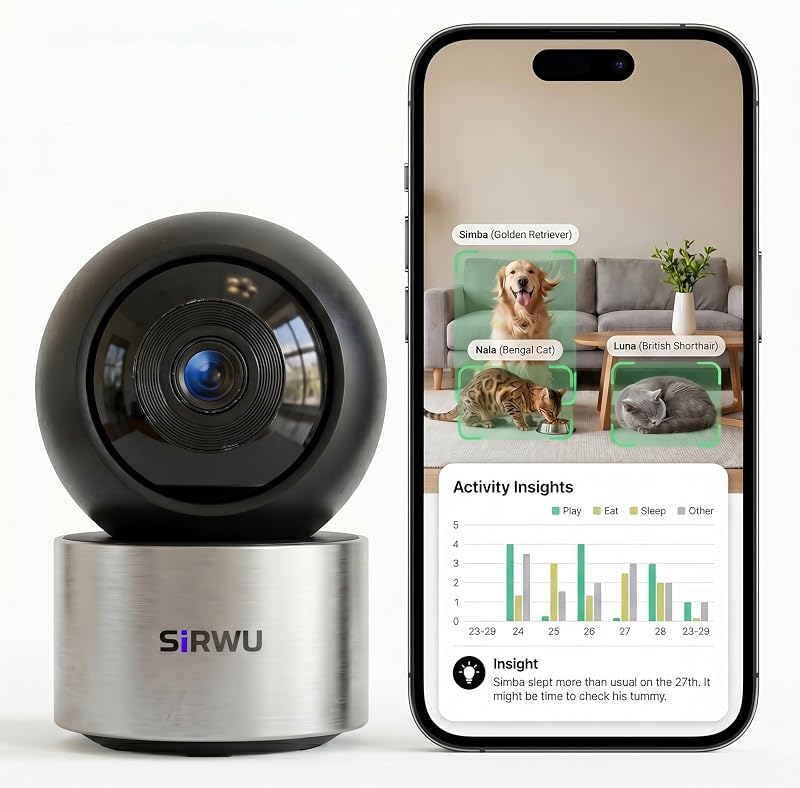Cámara para mascotas AI para interiores, reconocimiento de múltiples mascotas para hasta 6 mascotas, cámara para perros y gatos 2K 3MP con seguimiento automático de 360°, resúmenes diarios AI, visión nocturna, audio bidireccional, WiFi 2.4/5GHz