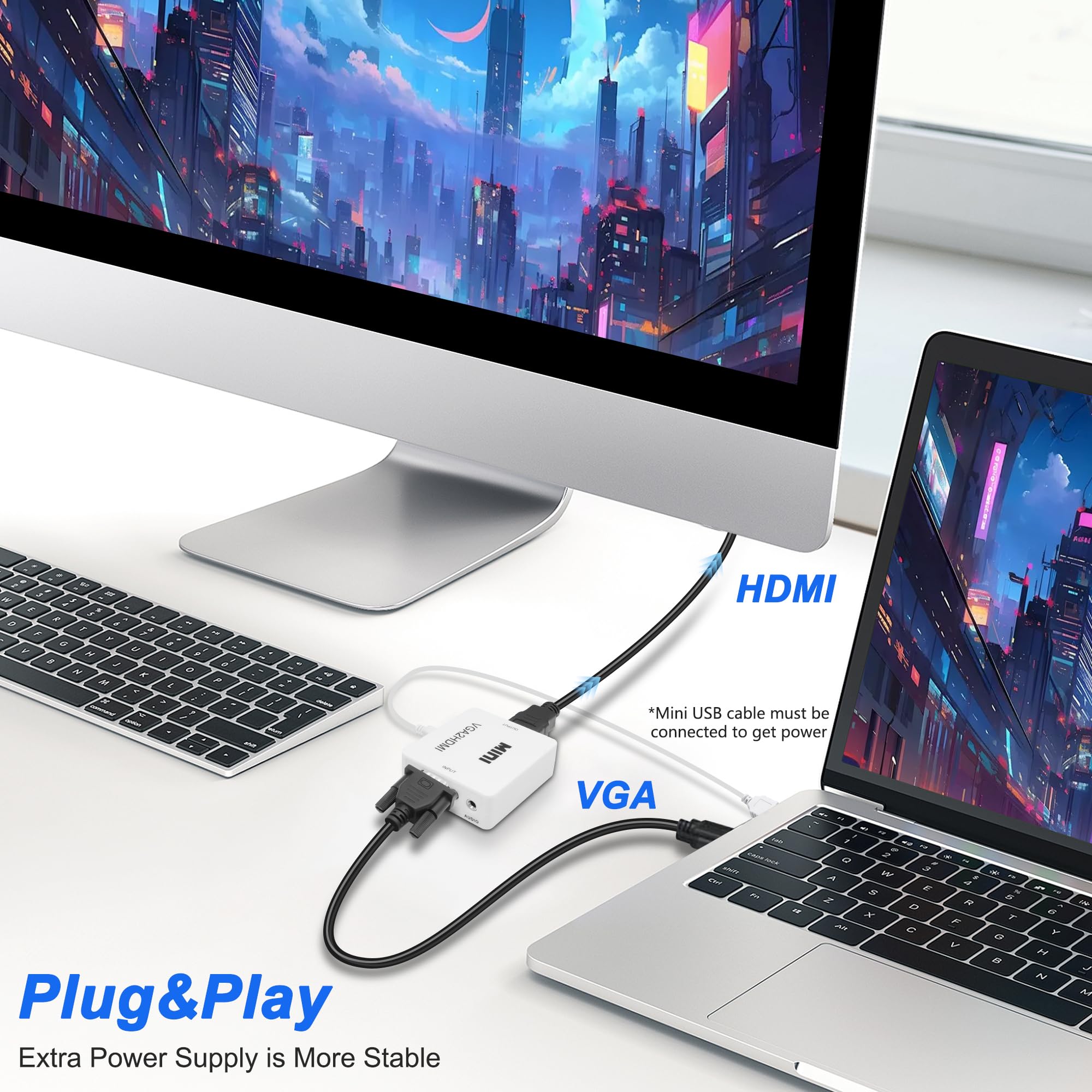 Convertisseur VGA vers HDMI 1080p avec port audio 3,5 mm pour PC, ordinateur portable, projecteur (blanc)