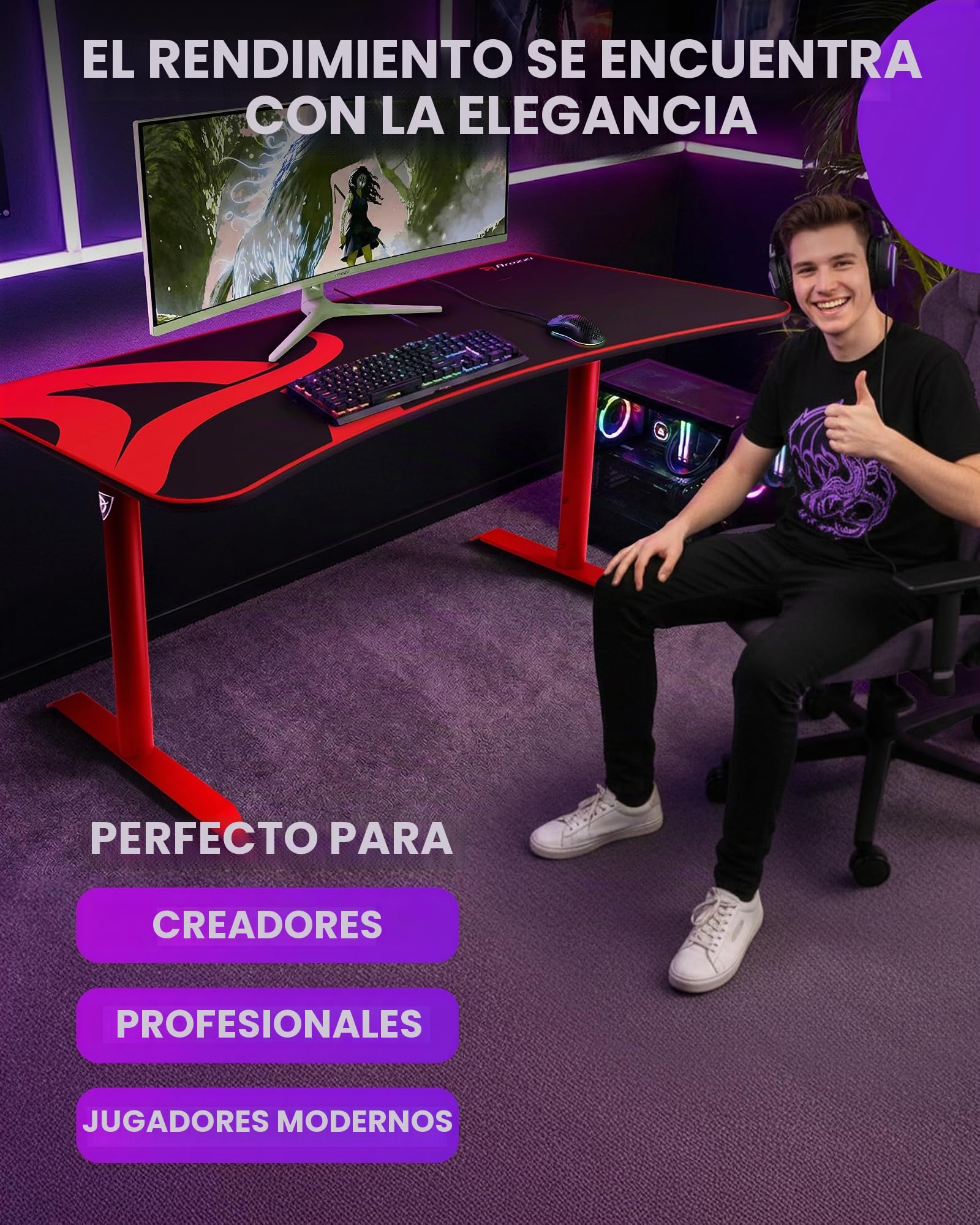 Arozzi Arena Gaming Desk Large - Red, Mesa Gaming roja con Alfombrilla Full Surface, Escritorio Gamer 160x82 cm con gestión de Cables, Cesta de Malla y Estructura Robusta, hasta 80 kg
