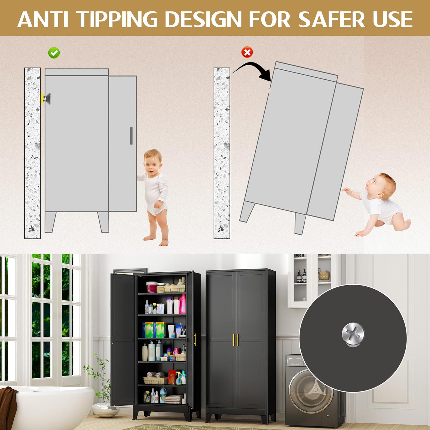 Diagram showing the magnetic suction door plug and adjustable height leveling feet features of the GAIOUS storage cabinet.