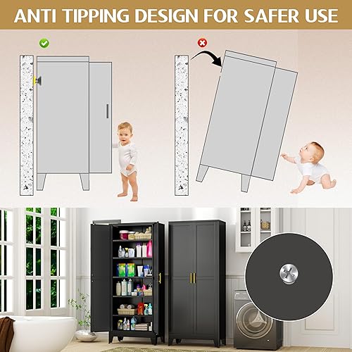 Miniatura 6 de Armario alto de almacenamiento de 75.2 pulgadas, gabinetes de despensa con 2 puertas y 5 estantes ajustables, gabinete de cocina negro, gabinetes de