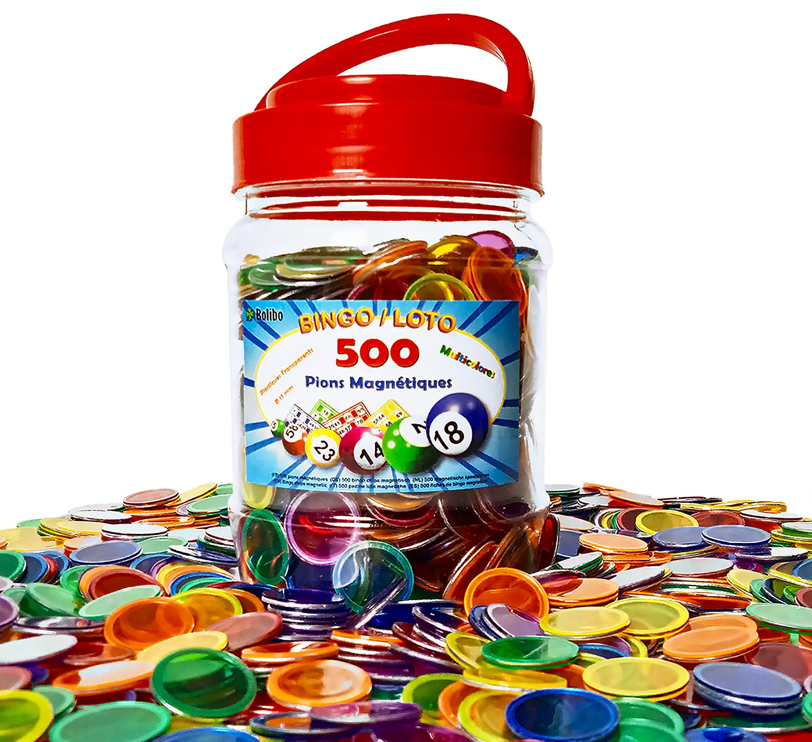 Bolibo - 500 - JETON Loto magnétique, boîte de 500 PIONS magnétiques - 17mm de diamètre - Multicolores - en Plastique Transparent - Bingo