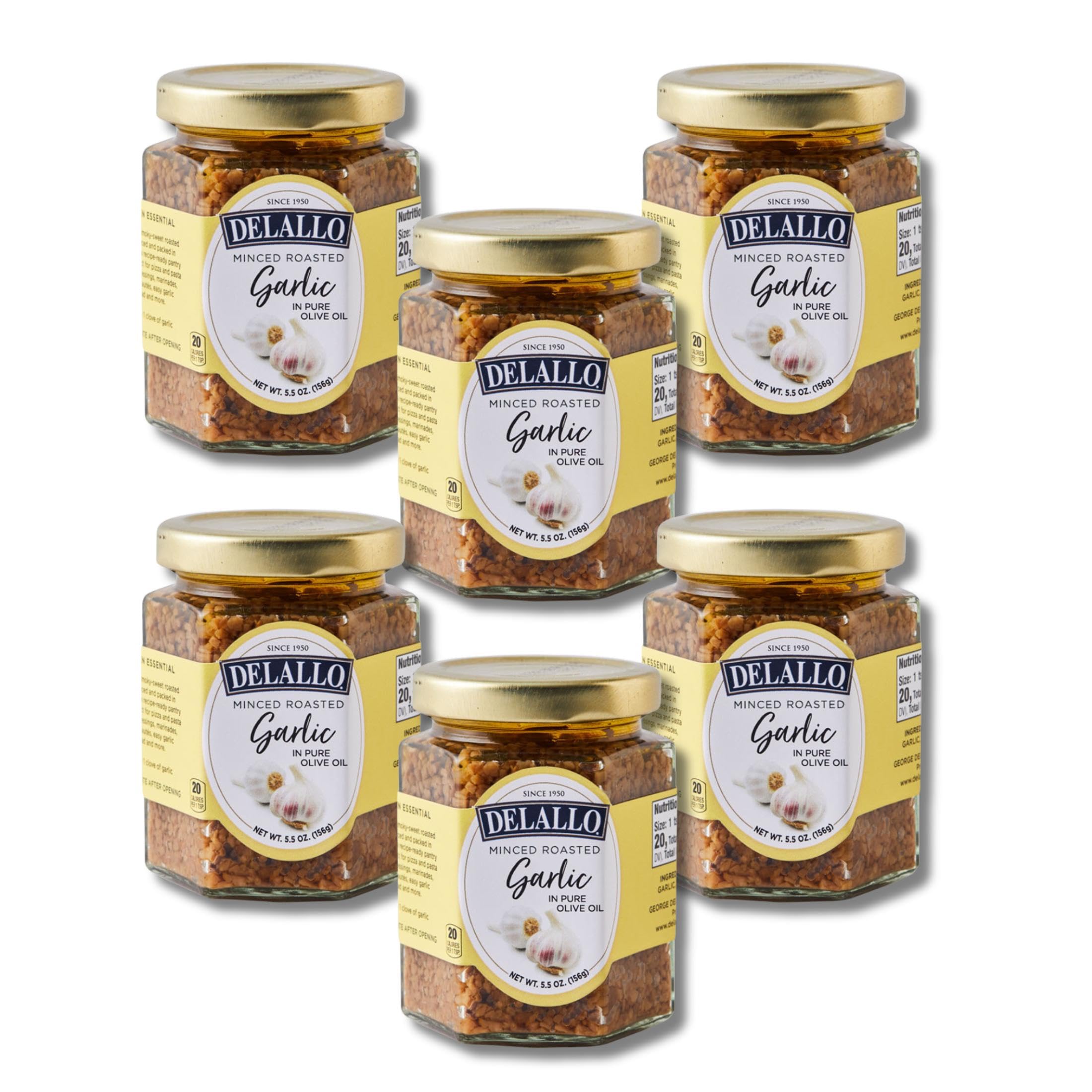 DeLallo Minced Roasted Garlic, Packed in Olive Oil to Preserve Smoky Flavor, Recipe Ready for Pasta Sauces, Meats and Marinades, Non-GMO, Vegan, Gluten-Free, 5 oz Jar, (6 Pack)