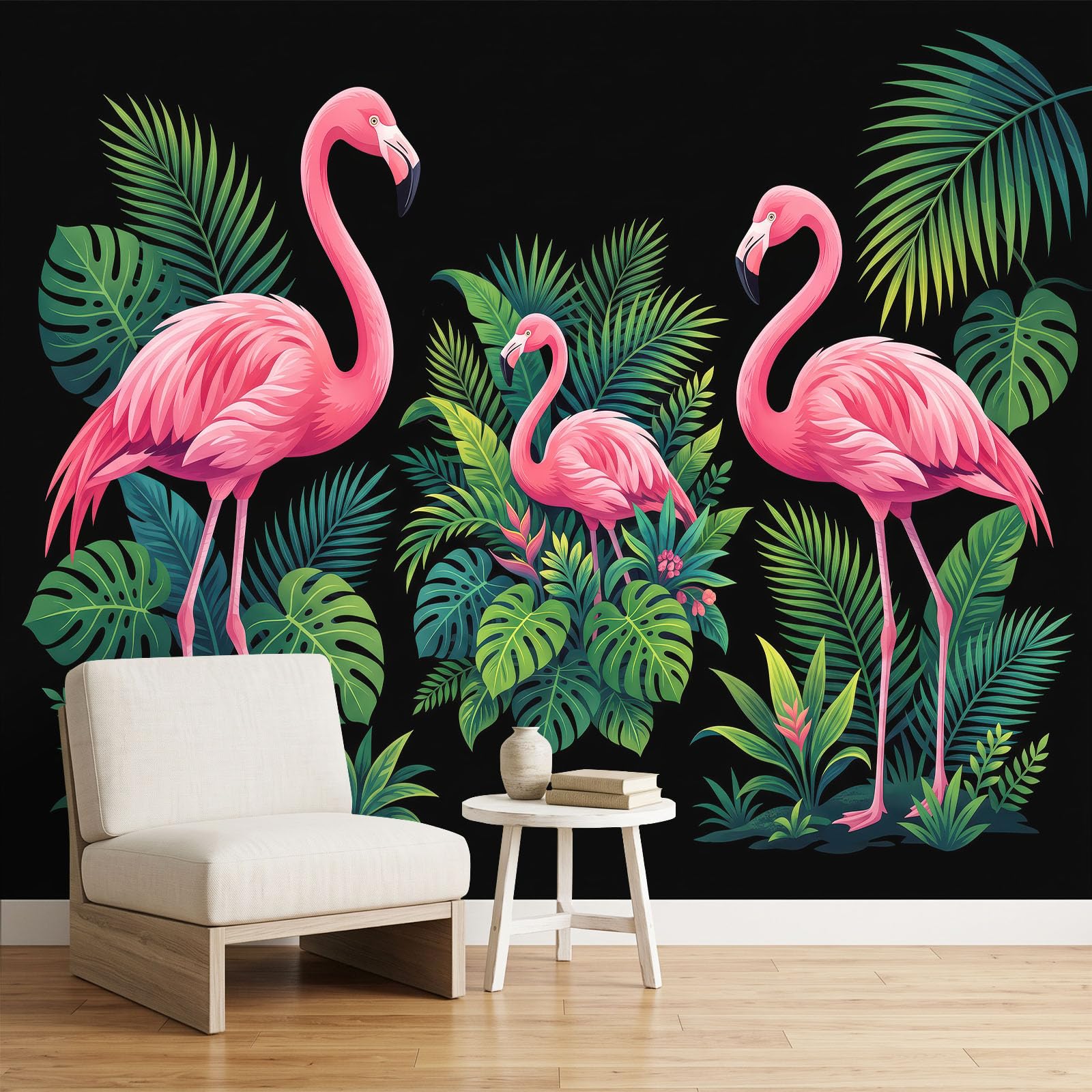 Fototapeta z włókniny, flaming, monstera, liść palmy, 200 x 140 cm, tapeta