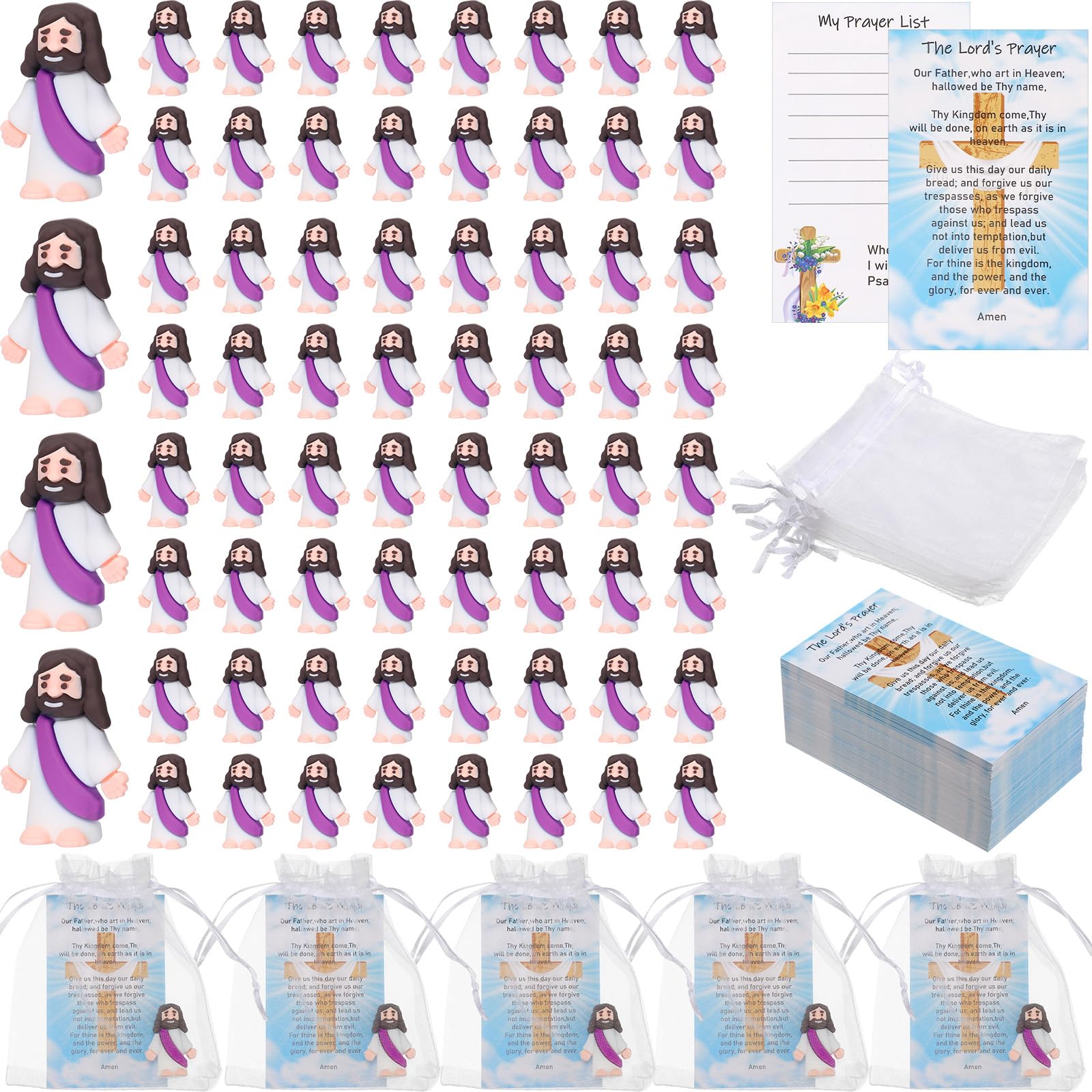 Barydat 75 Sets Little Jesus Figures with Prayer Cards & Bags Small Jesus Figurines Bulk Religious Party Favor Tiny Mini Christian Church Toys for