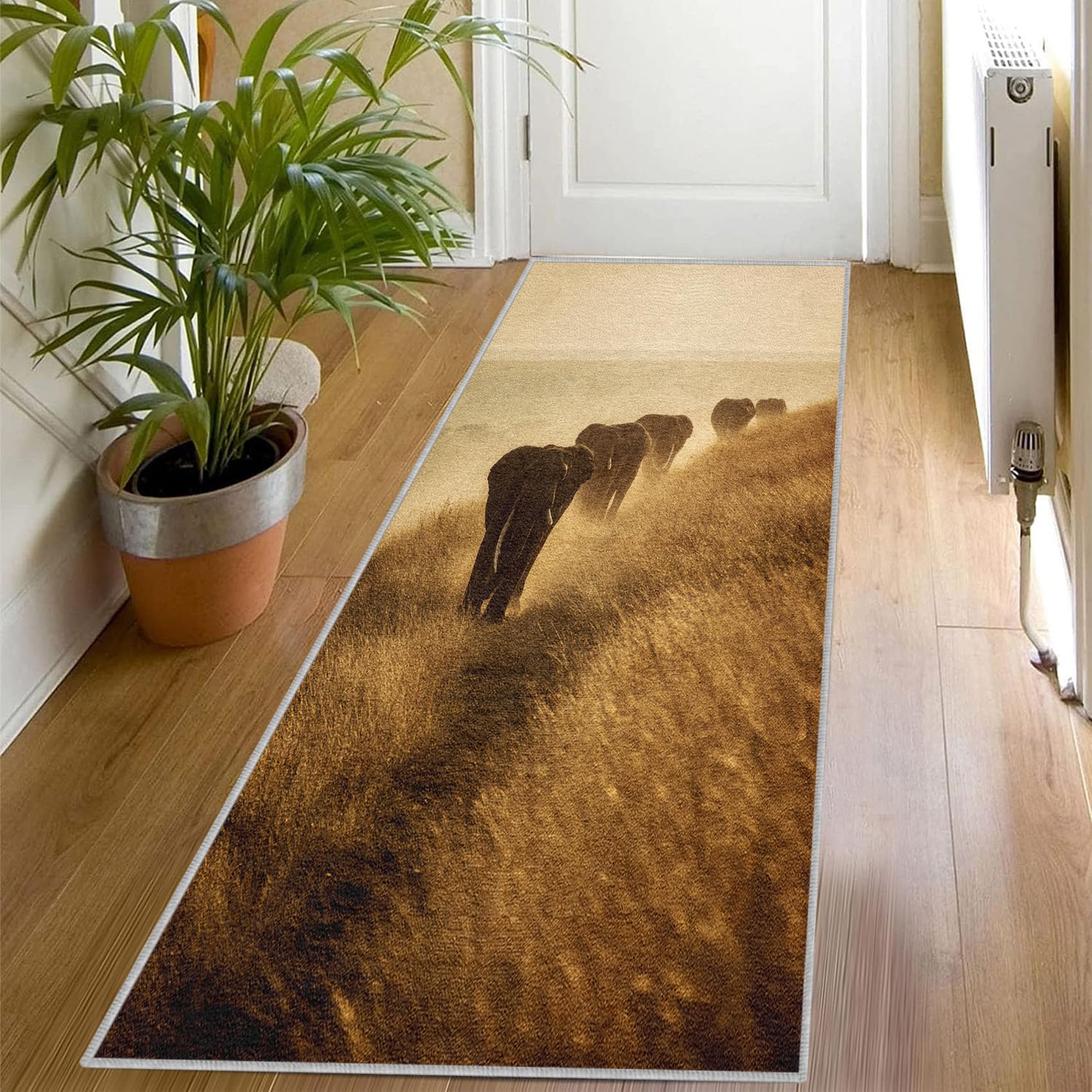 Generisch Elefant Muster Teppich Läufer Flur 80 x 150, Waschbar rutschfest Afrika Grasländ Tier Teppichläufer, Weich Kurzflor Lang Flurläufer für Wohnzimmer Schlafzimmer Bettvorleger Küchen Jz777
