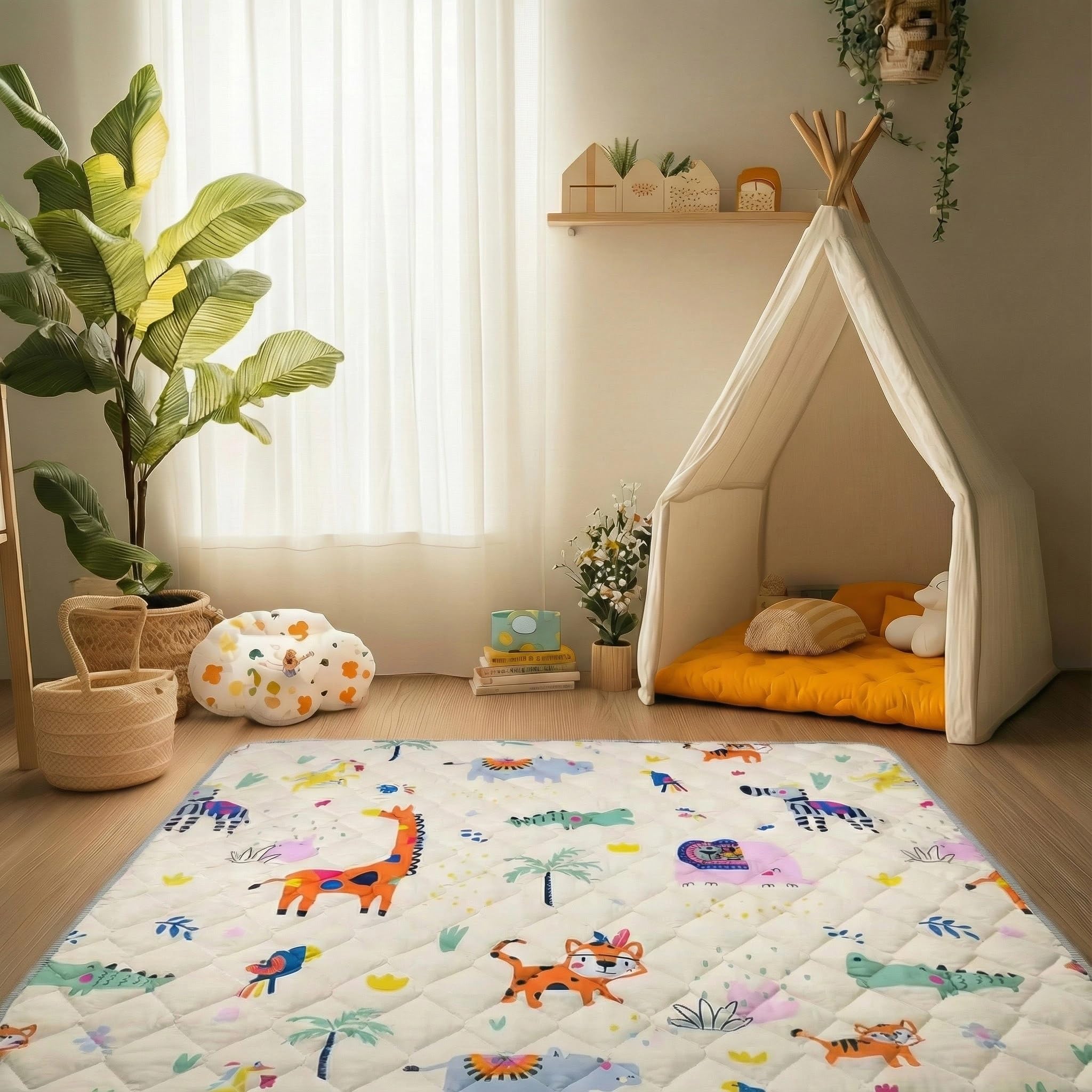 Sinhaklóho Tappeto Gioco Bambini Extra Spesso e Pieghevole, Antiscivolo, Lavabile in Lavatrice, 180×150 cm, Senza Odore, Ideale per Pavimenti e Box Neonato, Safari Selvaggio