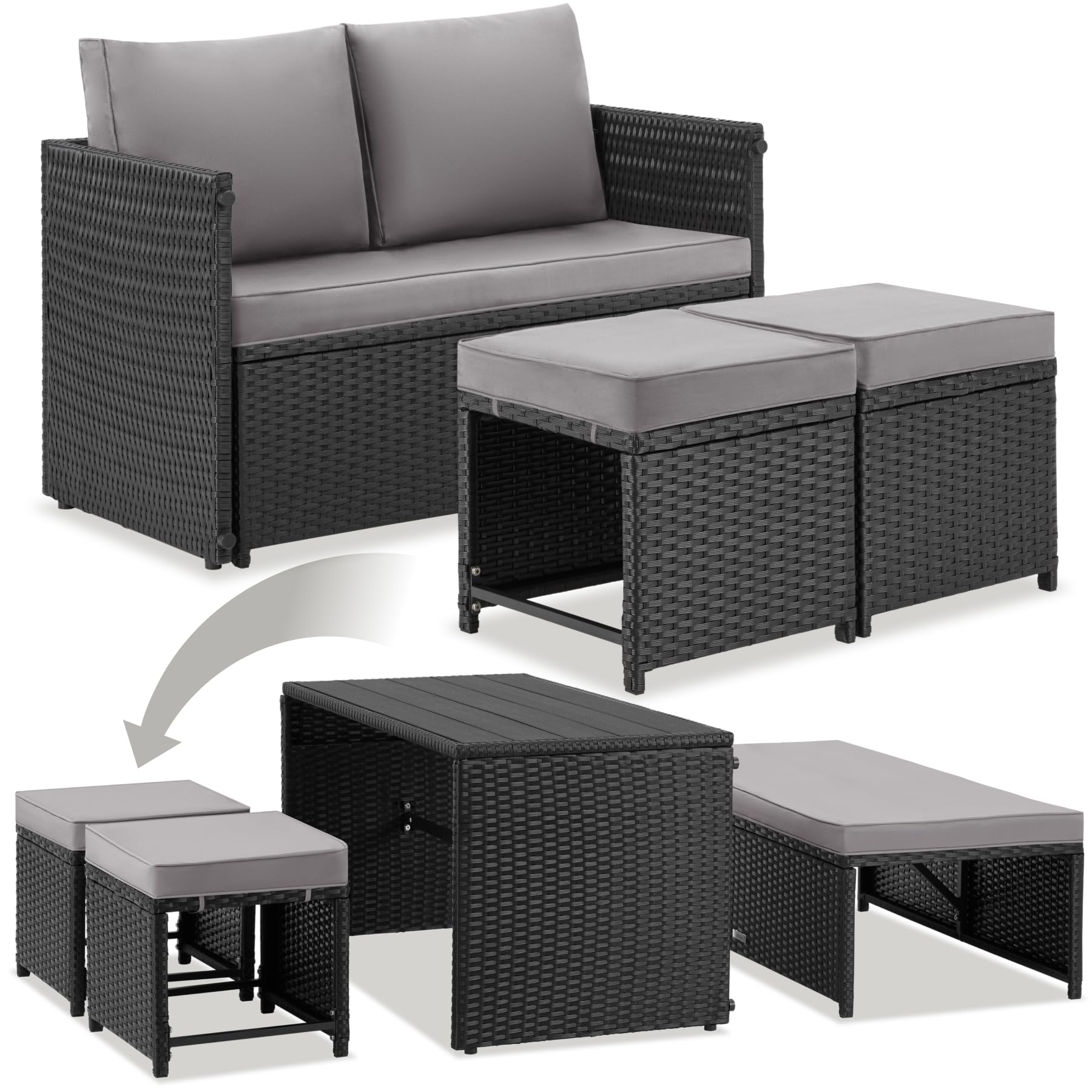 tectake® 2in1 Rattanlounge für 4 Personen, Set mit Tisch mit Schraubfüßen, Tischoberfläche in Holzoptik, Polyrattan Gartenmöbel, als Gartensofa oder Sitzgruppe, Terrassenmöbel, Lounge - schwarz