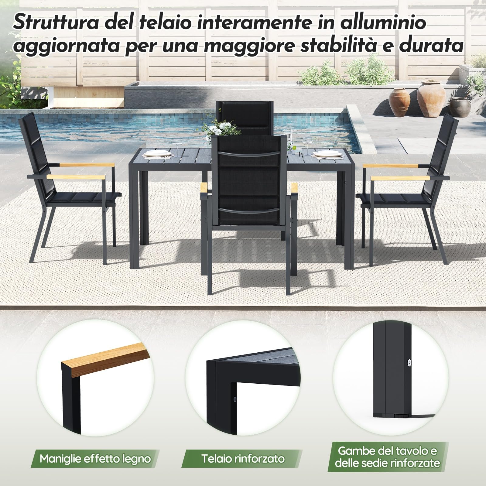 Devoko Set Arredo Giardino 4 Persone Tavolo 150 cm Design Vena Legno Sedie Impilabili Alluminio Grigio