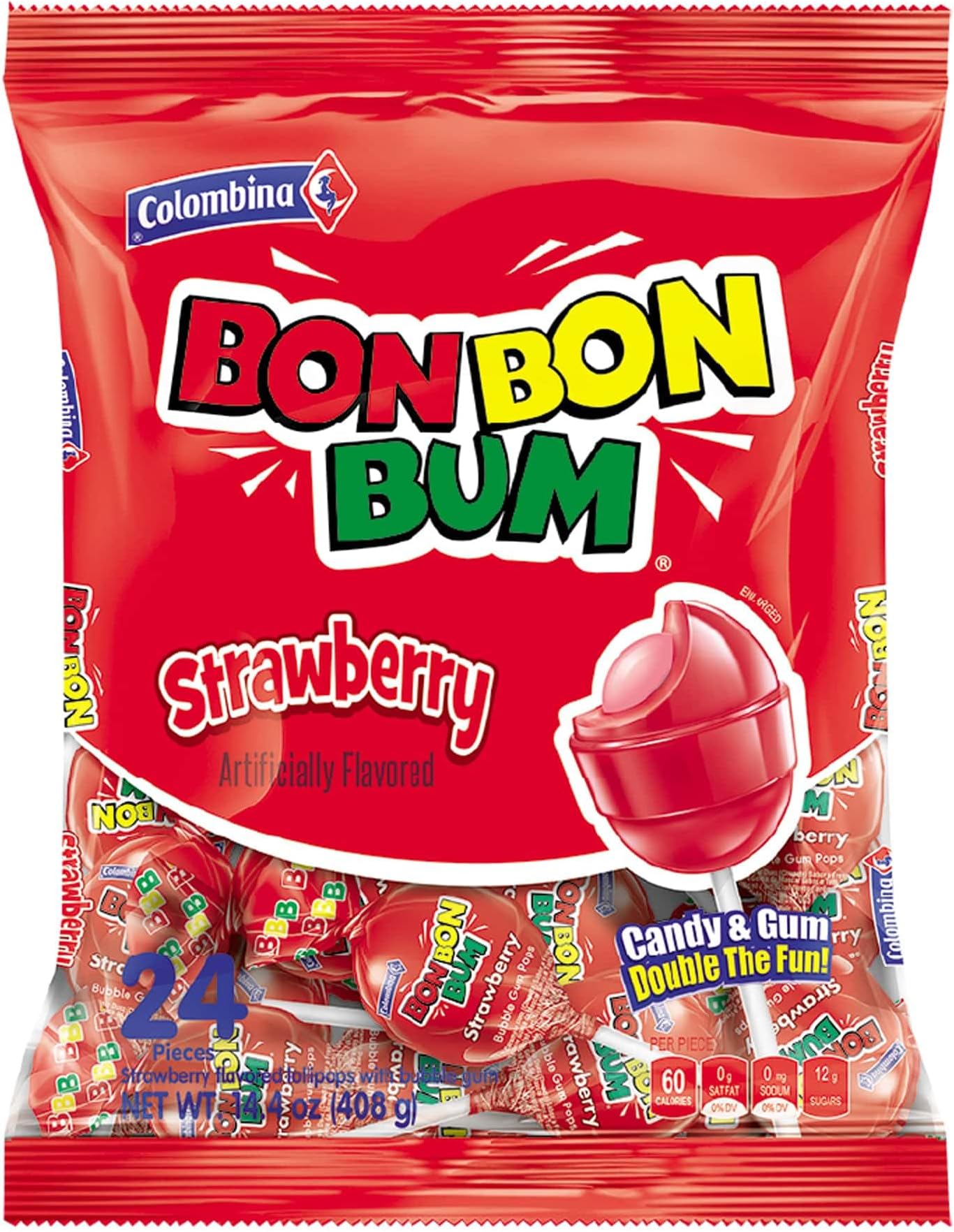 Bon Bon Bum Strawberry Lollipops Fruit Hard Candy, Individually Wrapped Sweet Strawberry Pops, 24 Count