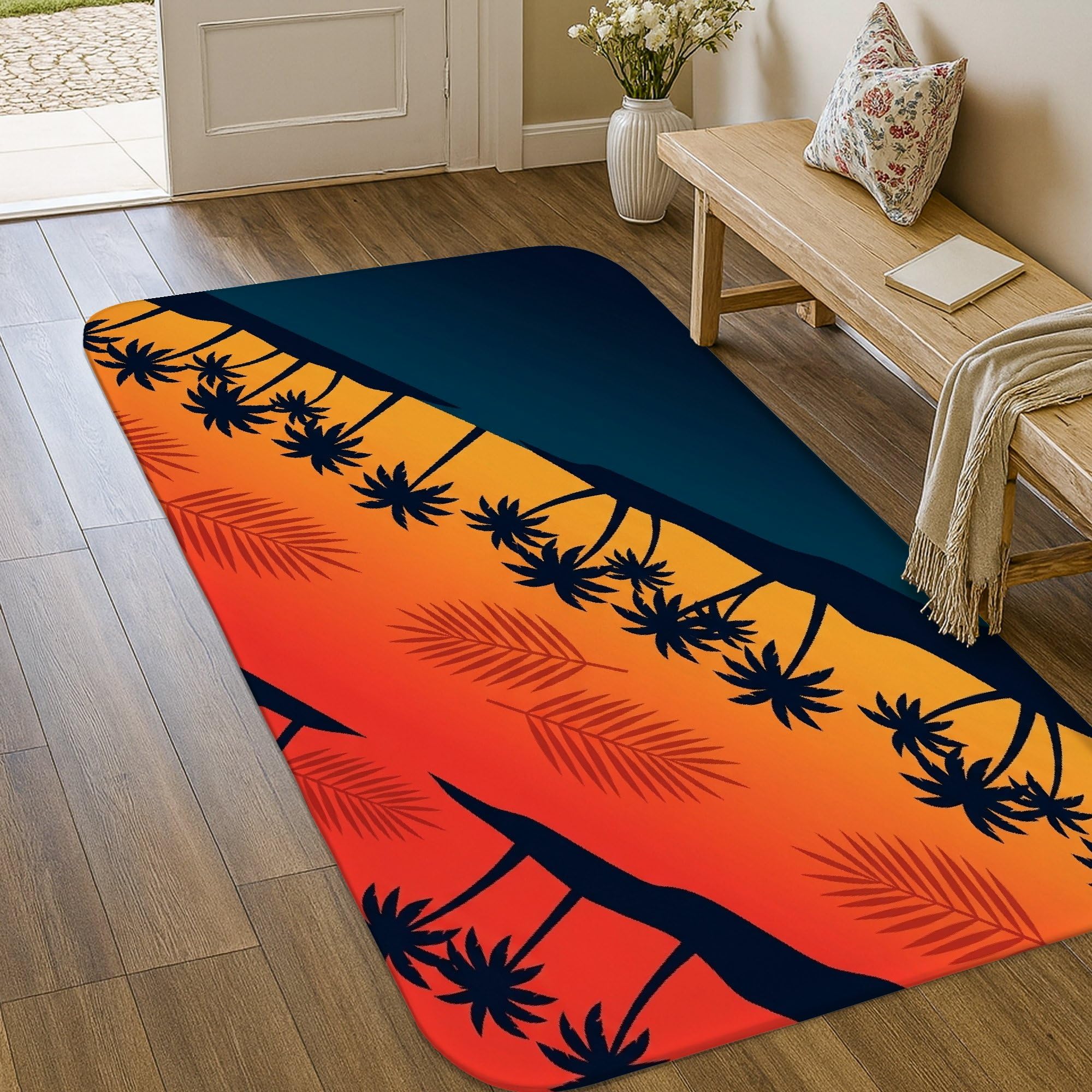 Tapis de palmiers tropical orange pour une cuisine chaleureuse et stylée