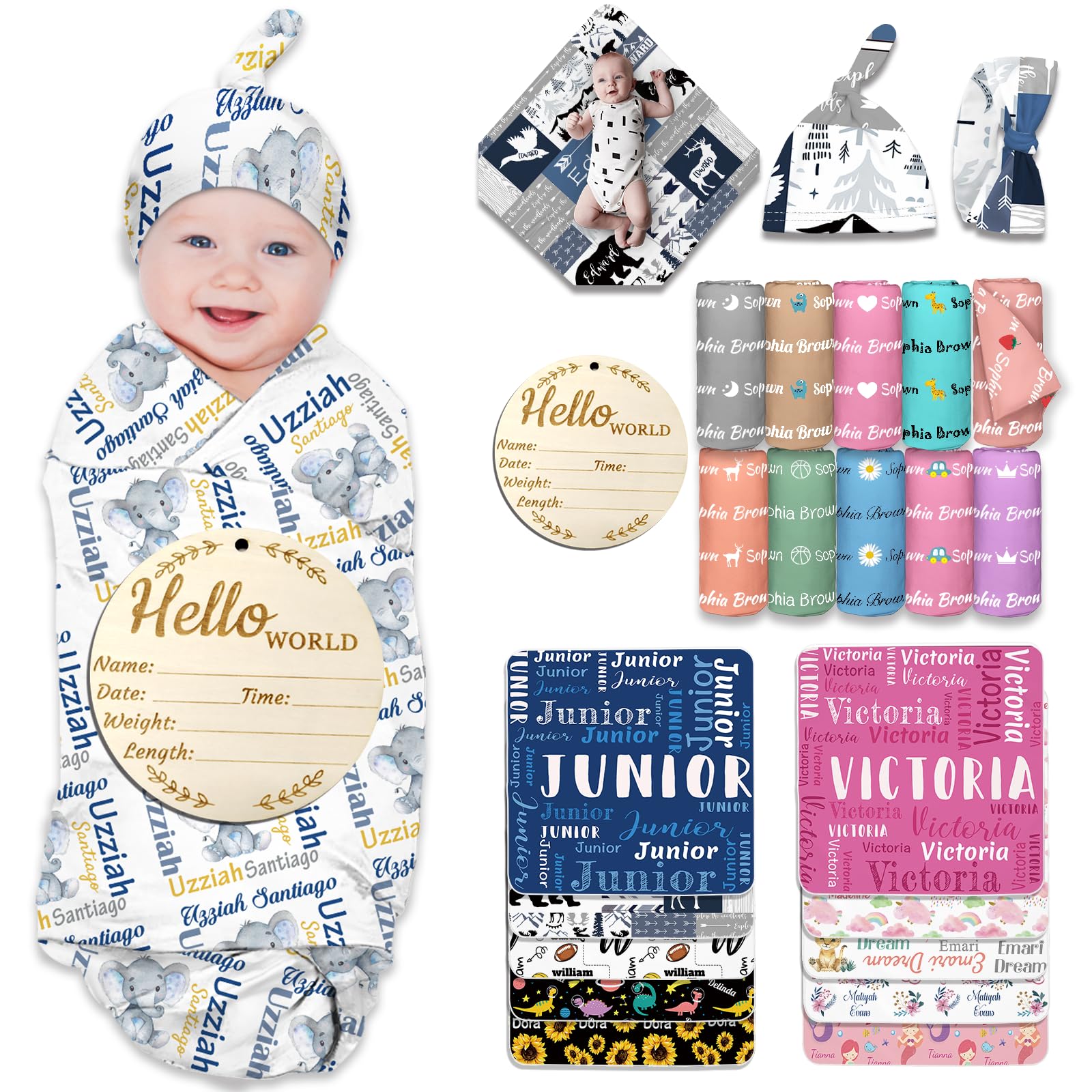 Busparst Personalised Baby Swaddles Blanket with Name Custom Newborn Receiving Blanket Headband Set Baby Swaddle Customized Gifts for Baby(Boy)
