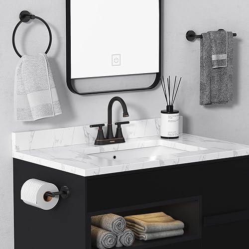 Miniatura 14 de Hurran - Grifos de baño para fregadero de 3 agujeros, 4 pulgadas, color negro mate con drenaje emergente y 2 mangueras de suministro, grifo central