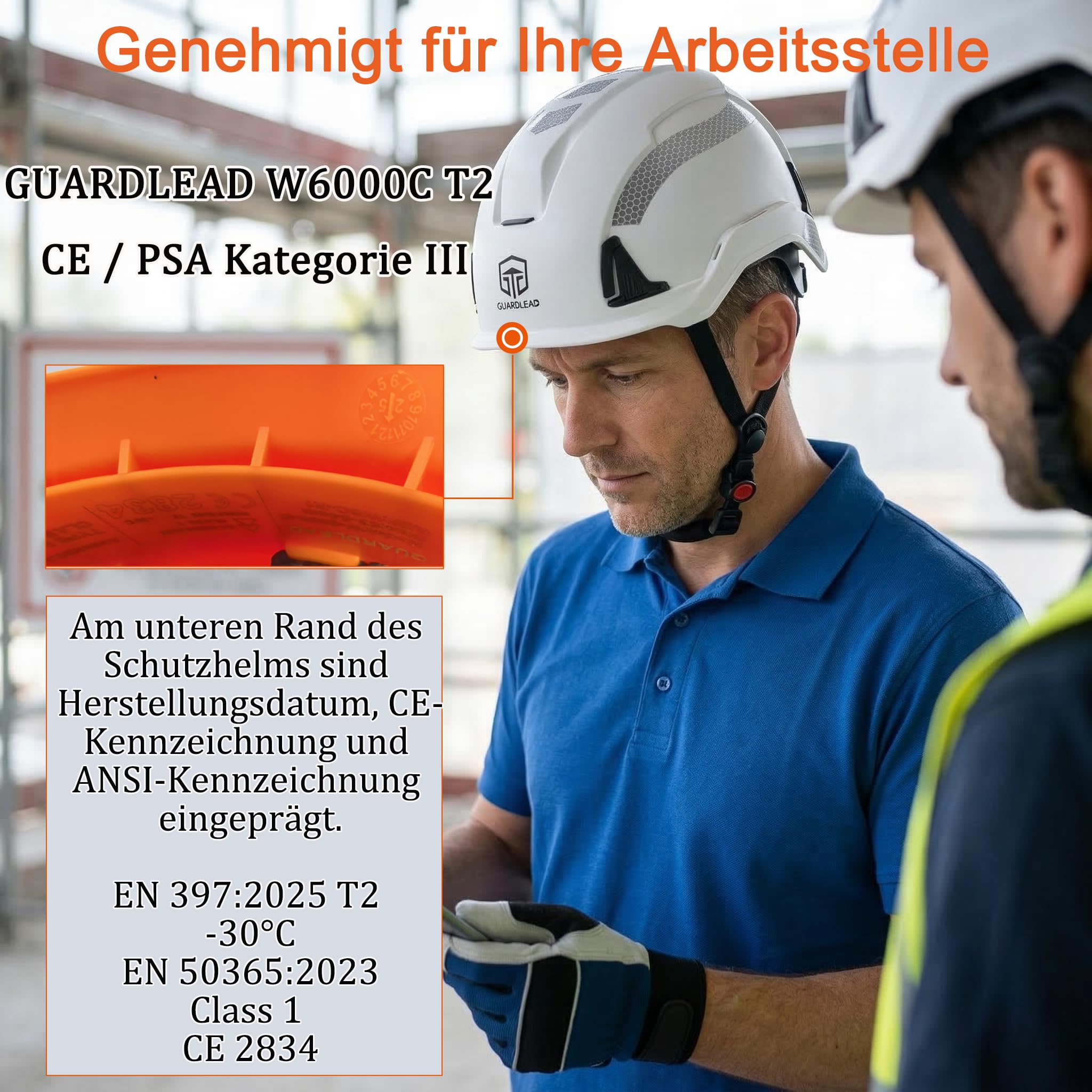 Schutzhelm W6000C, EN 397 Typ 2 Bauhelm, & EN 50365 Klasse 1 Elektrikerhelm, Arbeitshelm mit EPS-Innenschale für Baustelle, Industrie & Höhenarbeit