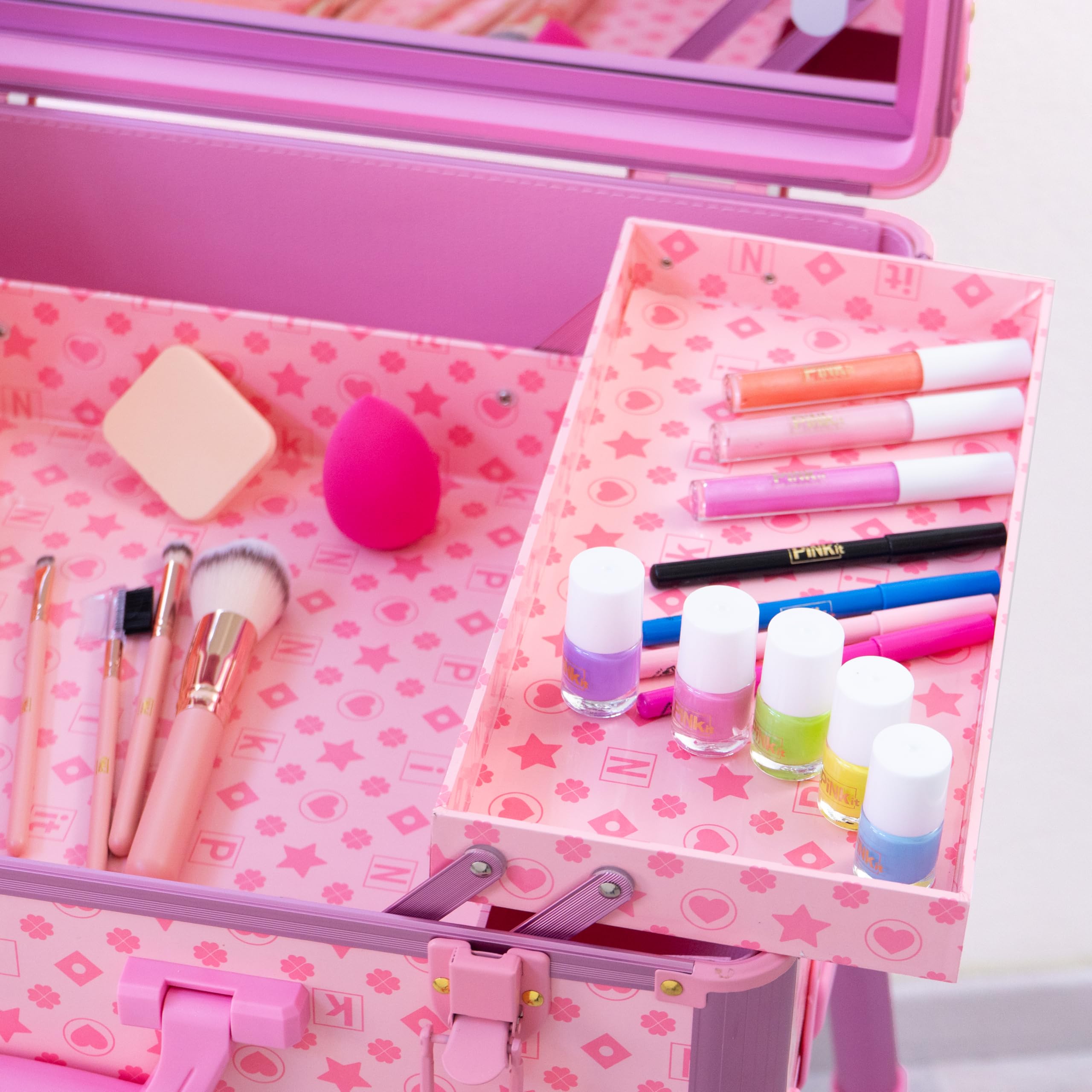Nice Group - PINKIT Station Make Up Designer, 1 Valigia con Kit Trucchi, Pennelli e Specchio