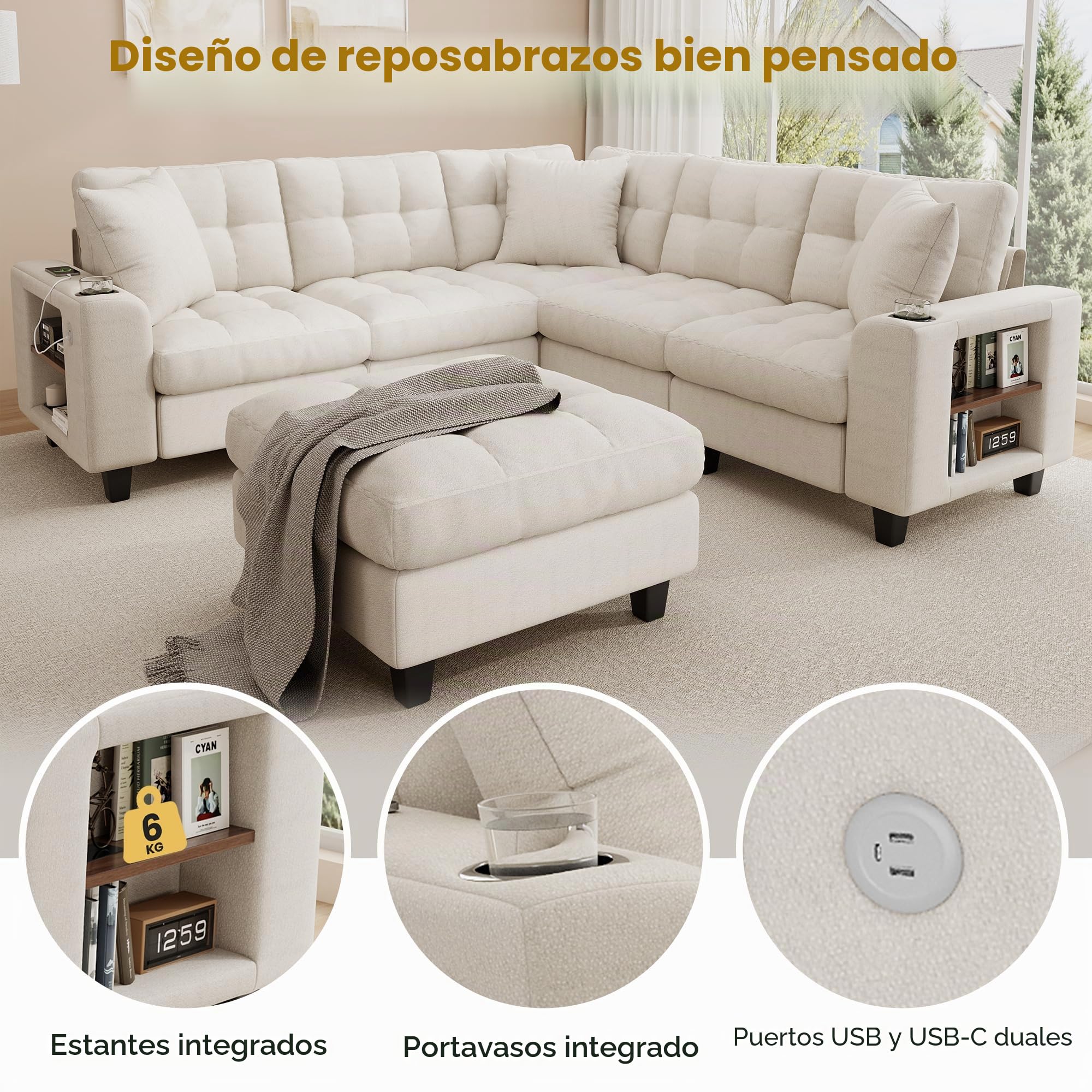 Sapgaks Sofá modular moderno de 6 plazas, con USB y portavasos, sofá de esquina modular muy grande en forma de U/L, con reposapiés extraíble y apoyabrazos con estantería, tela de chenilla, beige