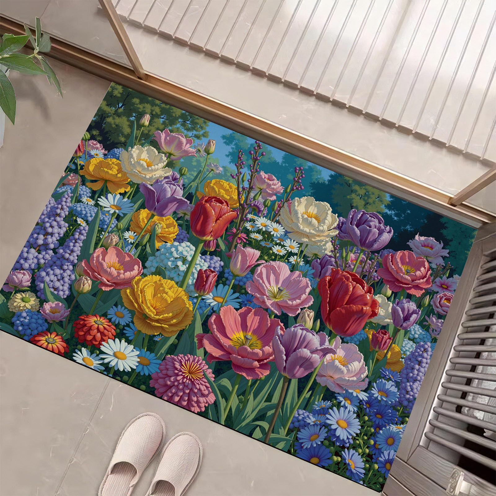 Paillasson d'intérieur lavable pour entrée propre au motif tulipes