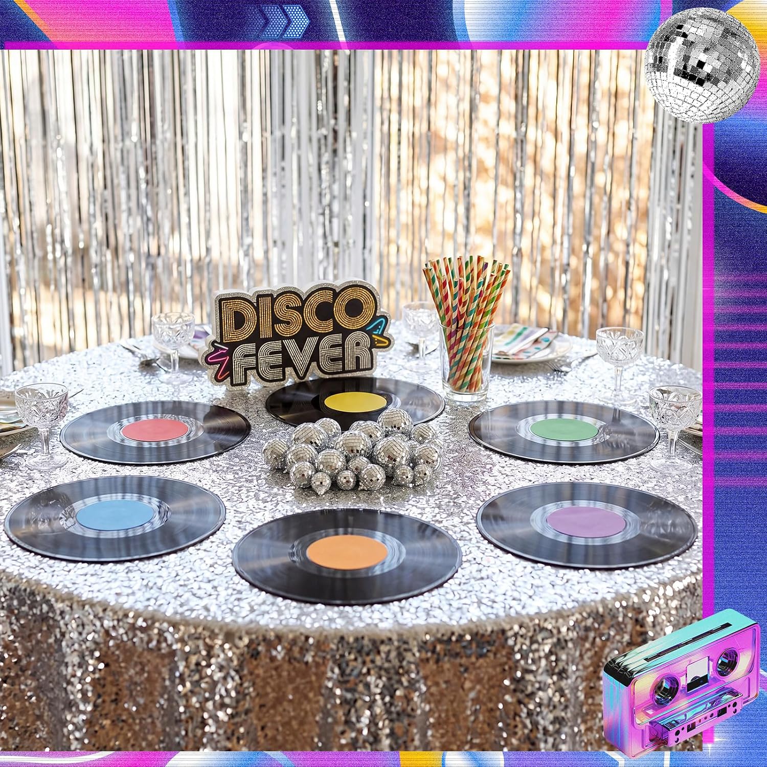 Foilswirl 66 Pcs Music Party Decorations, 6 Pack 12in Fake Vintage Record wall Decor 60 pcs Hanging Mirror Disco Ball for Rock and Roll Music Party 50s 70s Theme Birthday Wall Decor