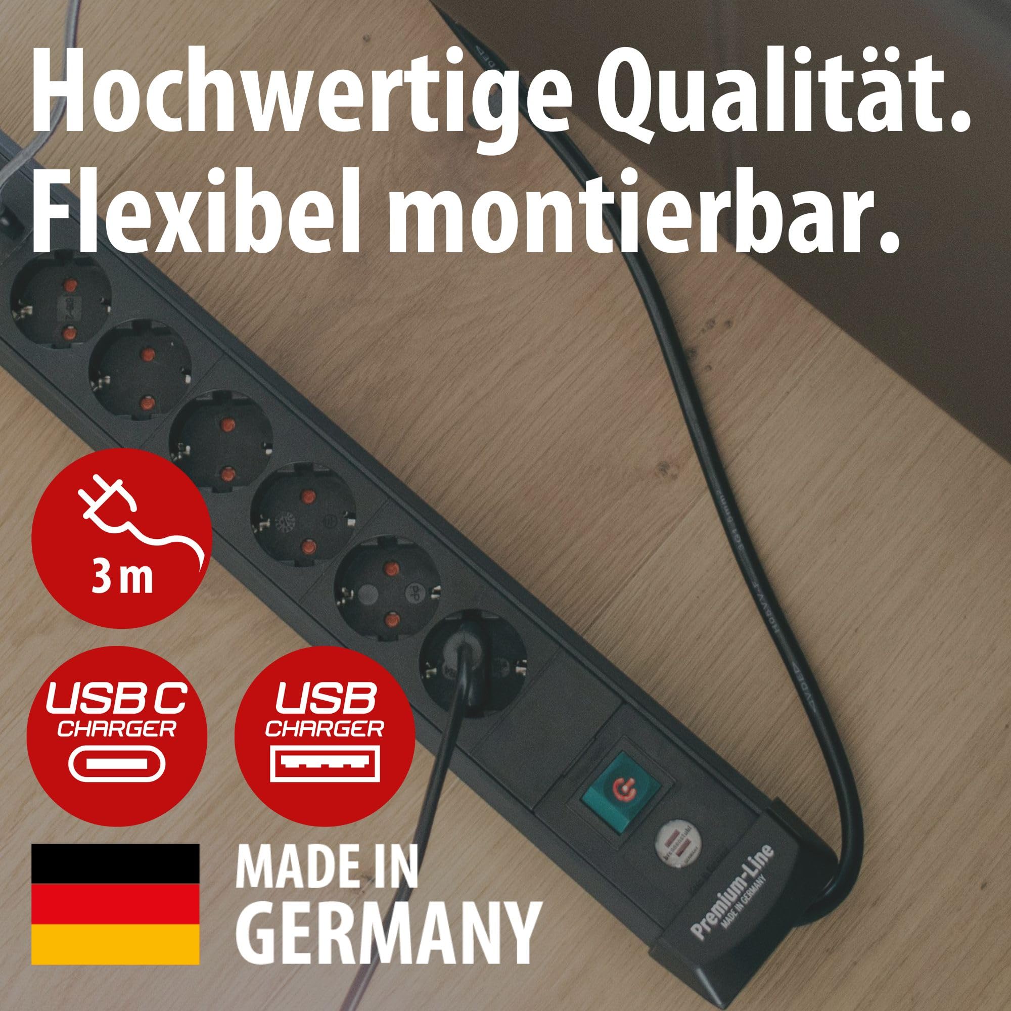 Brennenstuhl Premium-Line Steckdosenleiste 6-fach mit USB, 3m | Mit USB C PD 30W und USB A 18W, Made in Germany, Mehrfachsteckdose mit Schalter, Steckerleiste zur Wandmontage, schwarz