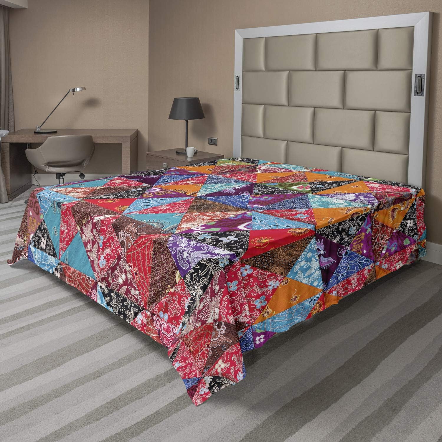 Ambesonne Balinese Flat Sheet, Colorful Cultural Pattern in Quilting Style with Traditional Floral Details, Soft Comfortable Top Sheet Decorative Bedding 1 Piece, Queen Size, Multicolor