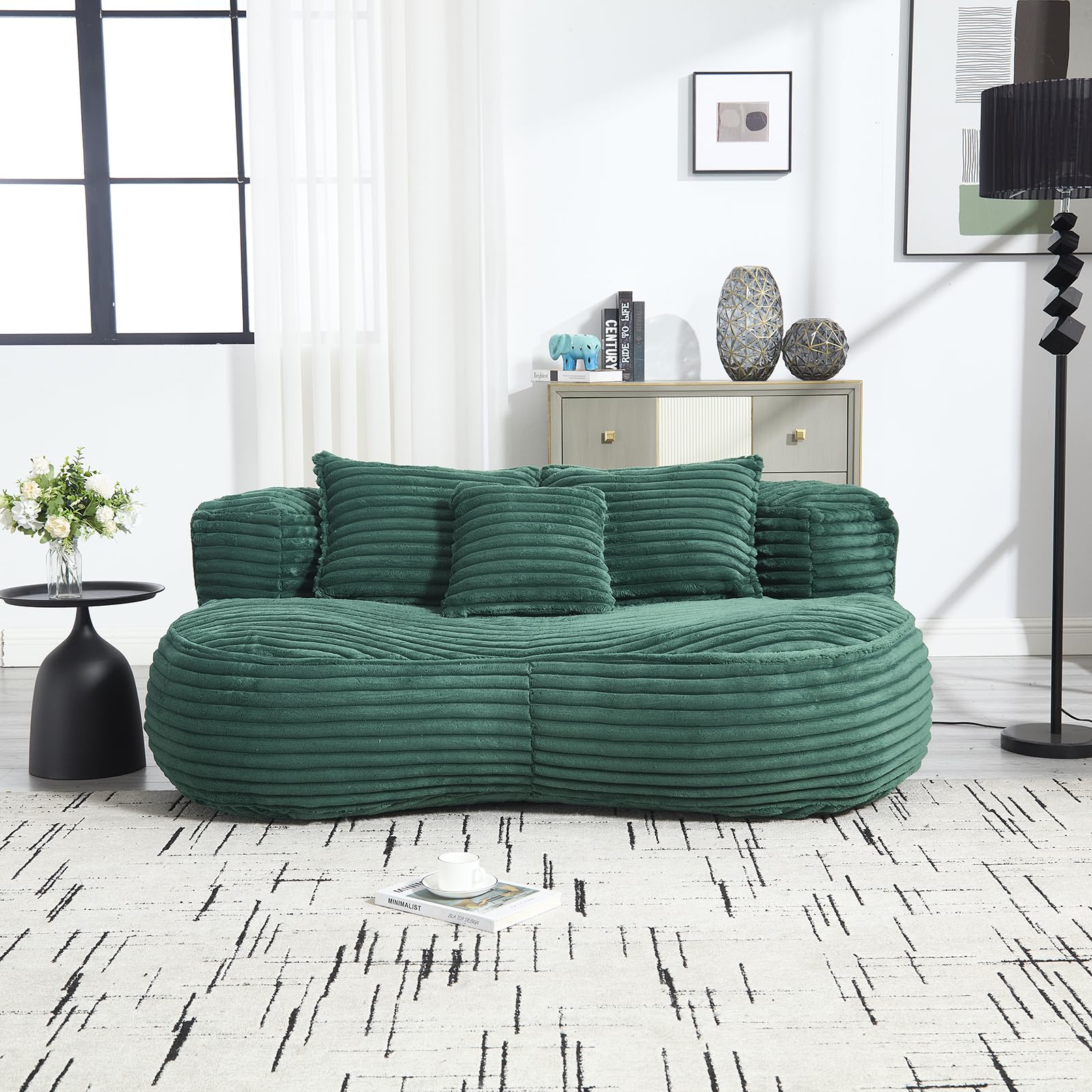 Oversized Bean Bag Couch for Adults, Corduroy Bean Bag Chair with Foam Filler, Upholstered Lounge Sofa with 3 Soft Pillows, Comfy Lounger Giant Beanbag, Lazy Floor Sofa Cloud Loveseat, Emerald