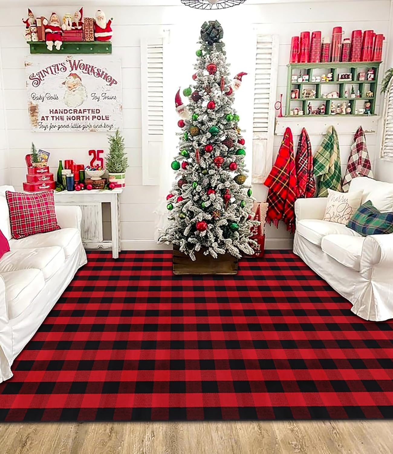 Ckorzen Red and Black Plaid Rug, 8' x 10' Christmas Front Porch Outdoor Rug, Handwoven Cotton Washable Rug for Layered Door Mats, Holiday Entryway and Home Decor