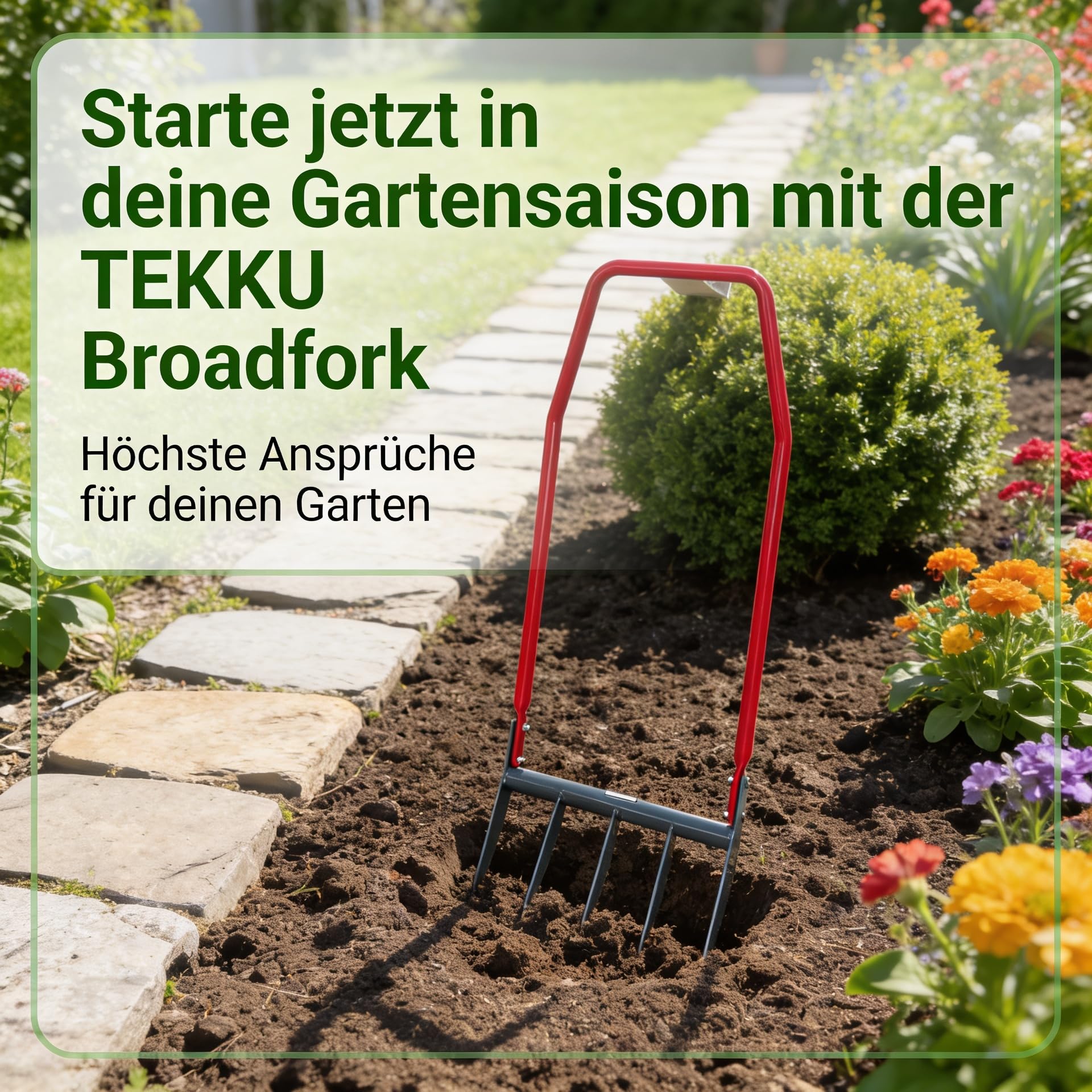Broadfork Grabegabel 50 cm, die extra stabile Doppelgrabegabel mit 6 mm verstärkten Zinken, inkl. Ebook, rückenschonender Bodenlockerer & Aerifizierer für Harte Böden