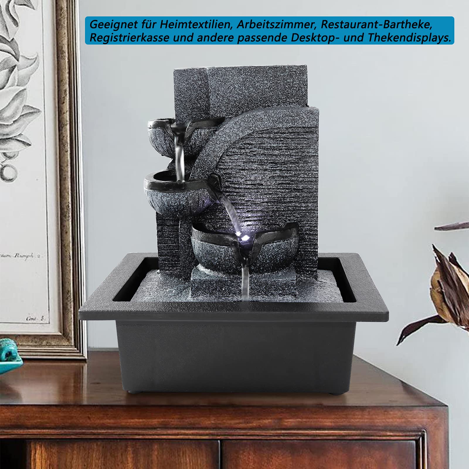 Dyna-Living Weißes Licht LED Zimmerbrunnen, Wohnzimmer Schreibtisch Brunnendekoration mit Beleuchtung, Kunstharz, 23 x 17,5 x 27 cm