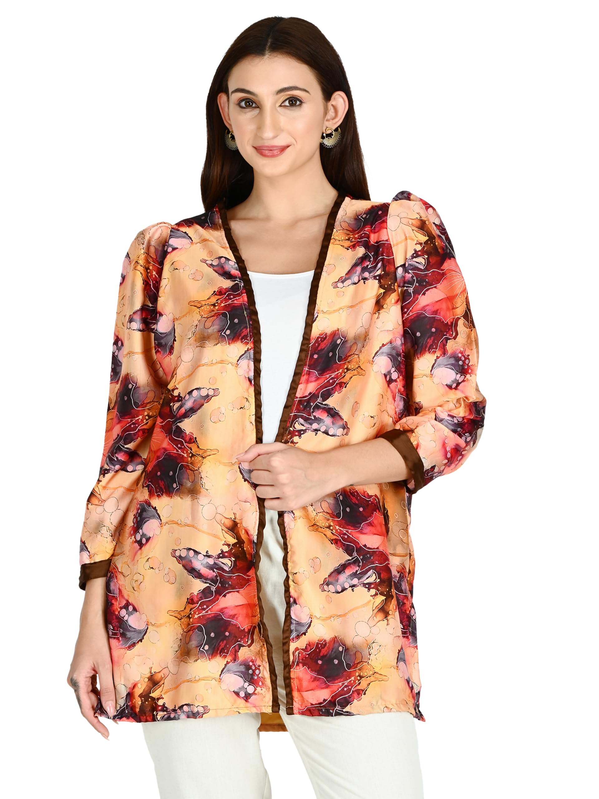 Georgette Artistic Design Open Waist Length Blazer Orange-image-23