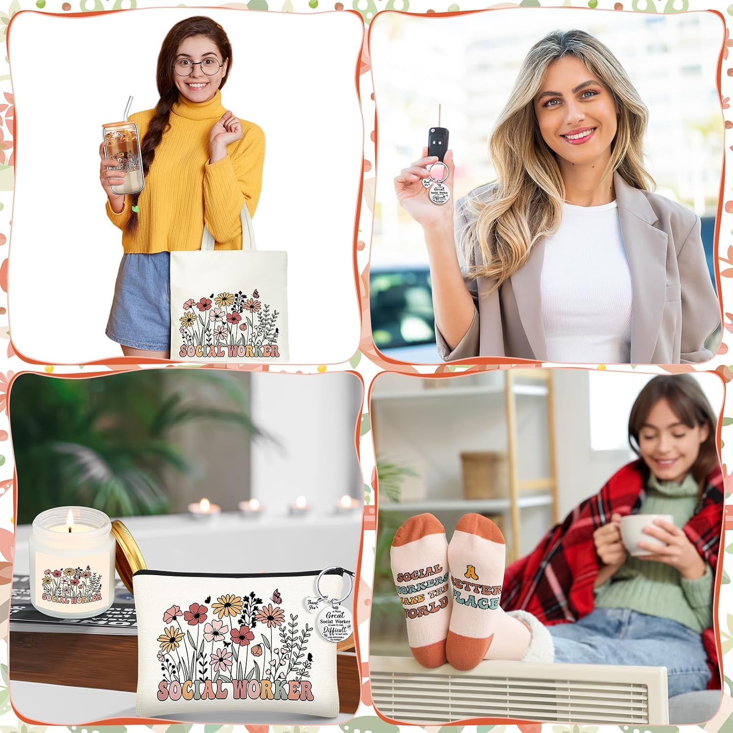 6 Pcs Social Worker Gifts for Women School Social Worker Must Haves Appreciation Gifts for Housekeeping Volunteer with 17 Oz Glass Cup Canvas Tote Bag Key Chain - Image 6