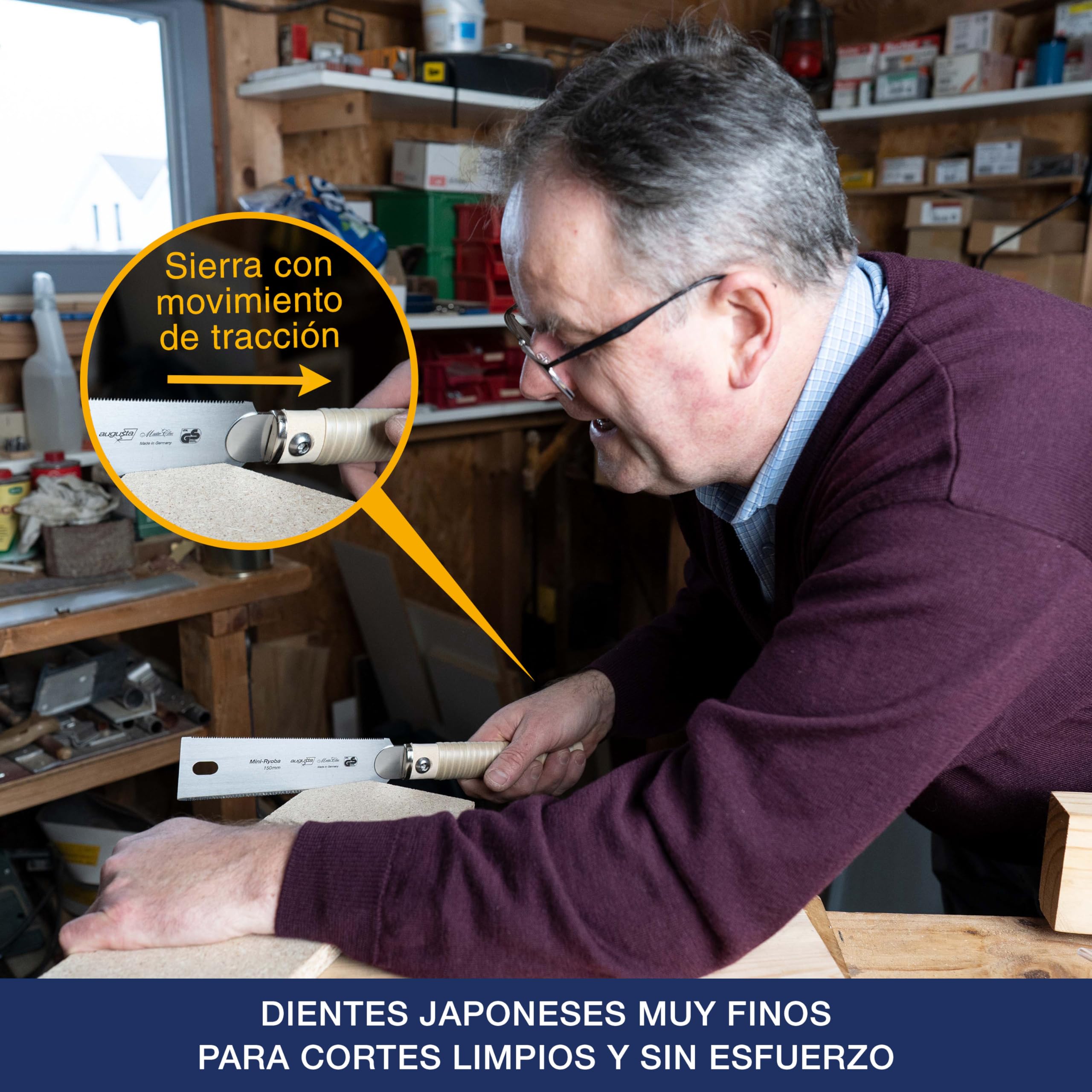 Augusta-Heckenrose Sierra japonesa Mini-Ryoba - sierra tradicional con mango robusto de fresno - corte de diamante por tres lados - dentado especial para cortes finos en madera