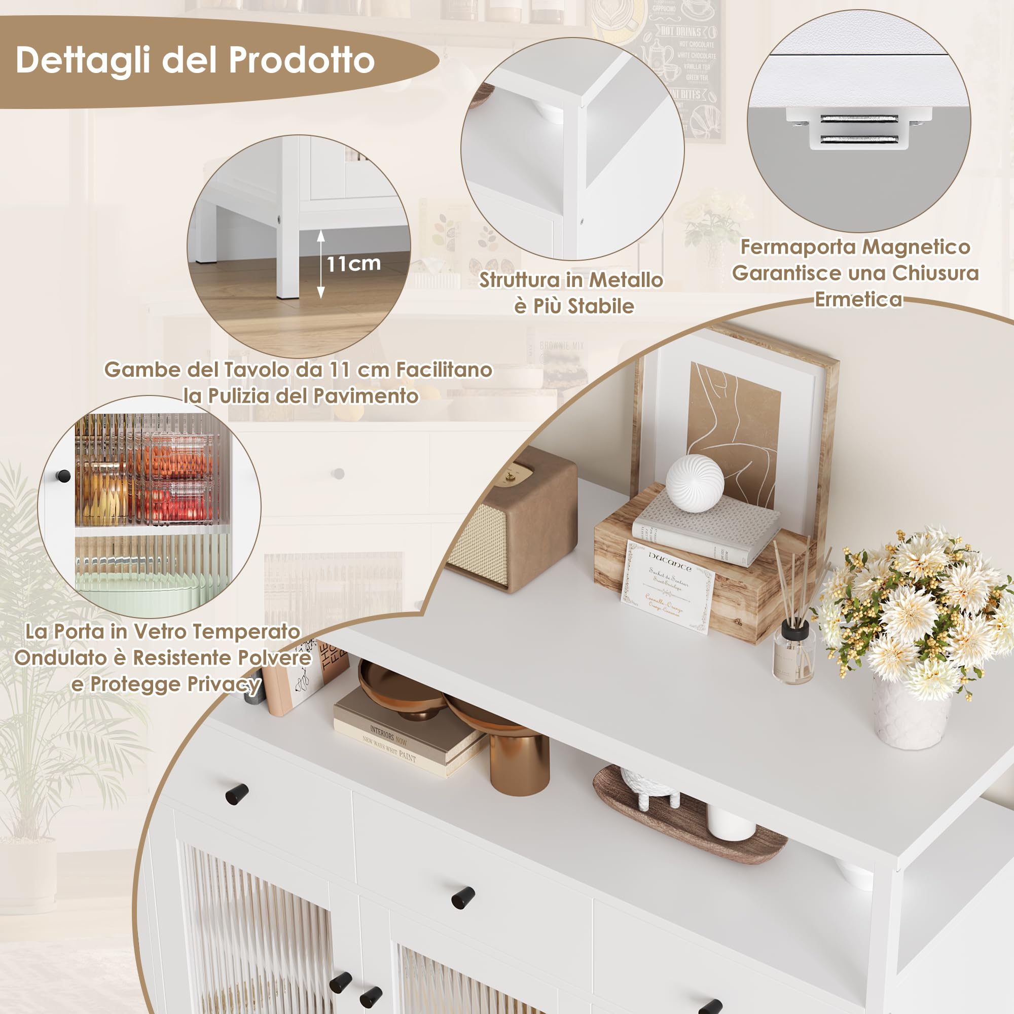 FirFurd Credenza Cucina,Mobile Cucina con 3 Cassetti e 3 Ante Bianco | Dispensa Cucina con Ante Vetro Temperato｜Credenza Soggiorno a Ripiani Regolabili｜per Sala da Pranzo, Soggiorno｜108x38x98,5 cm