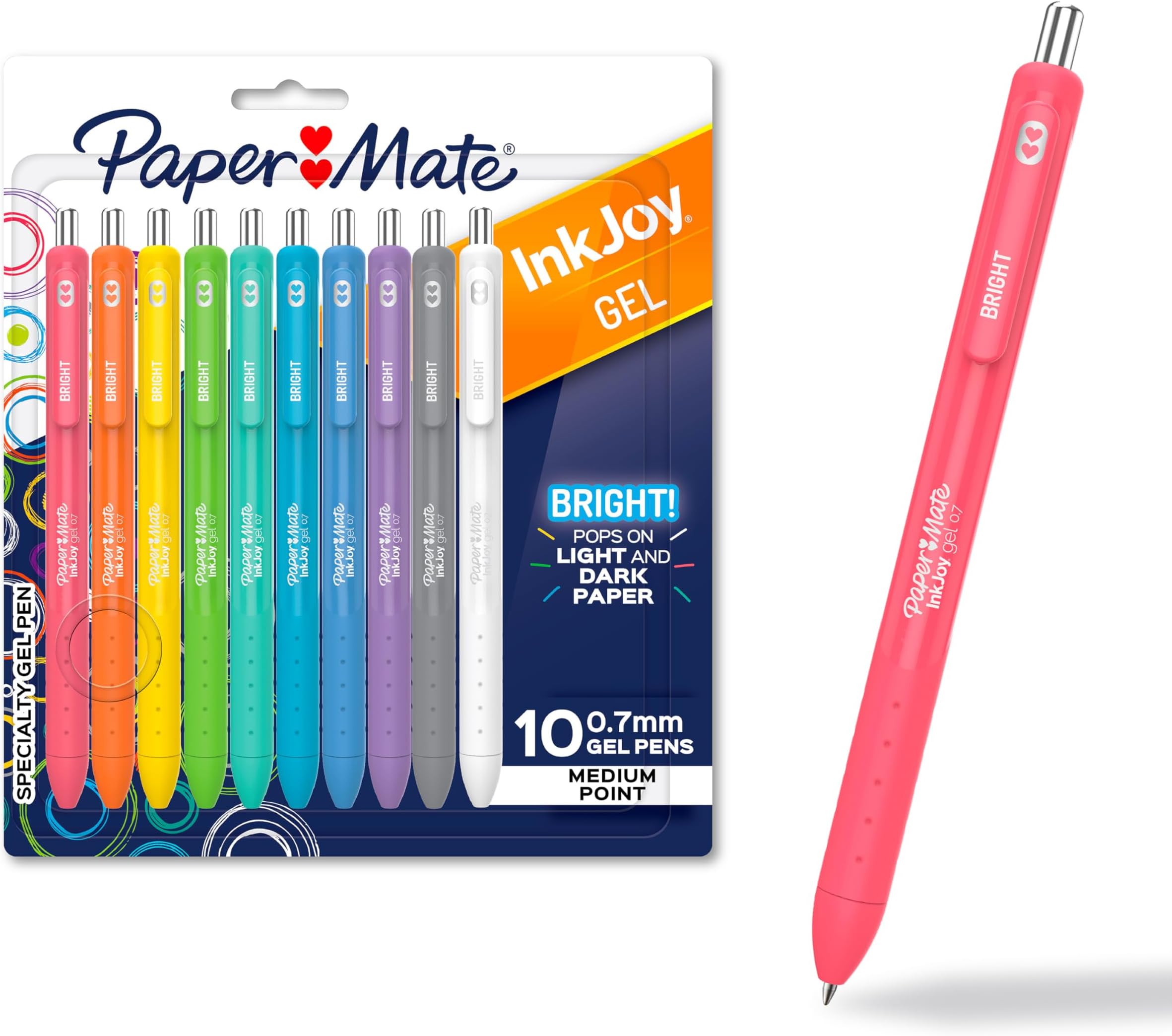 InkJoy Gel Bright Pens, Medium Point (0.7mm), Retractable, Assorted Brighter Colors, 10 Count - Colorful, Office Supplies, Journaling, Doodling